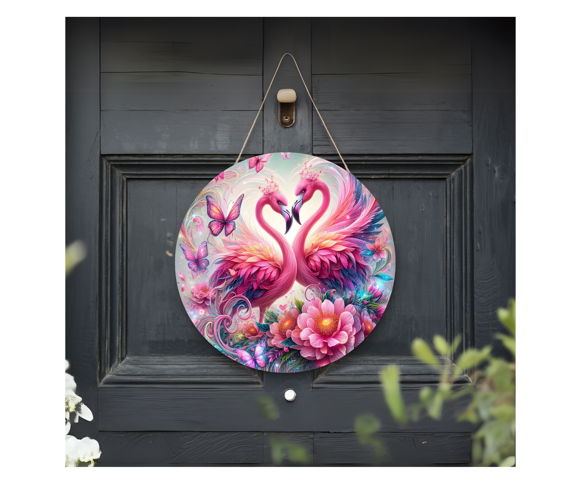 Home of the Flock Flamingo Door Signs, Multiple images options.