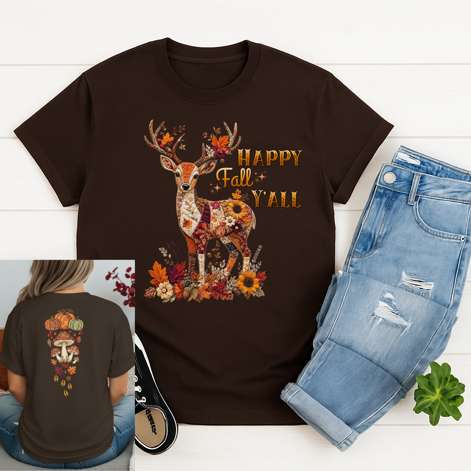 Happy Fall Woodland Deer Tee Front and Back Design
