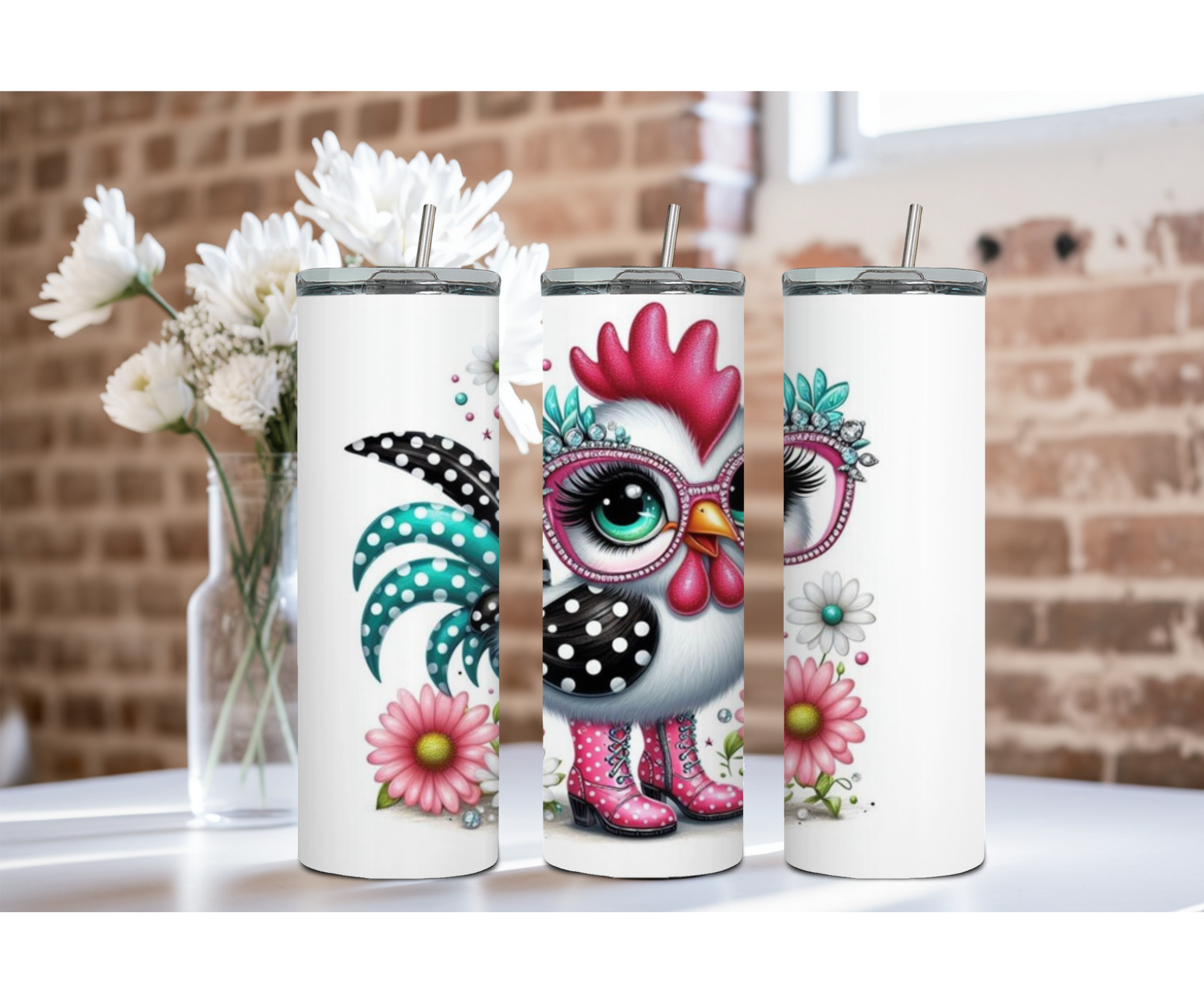 20 oz Happy Hen Chicken Stainless Steel Tumblers. Multiple Images Available