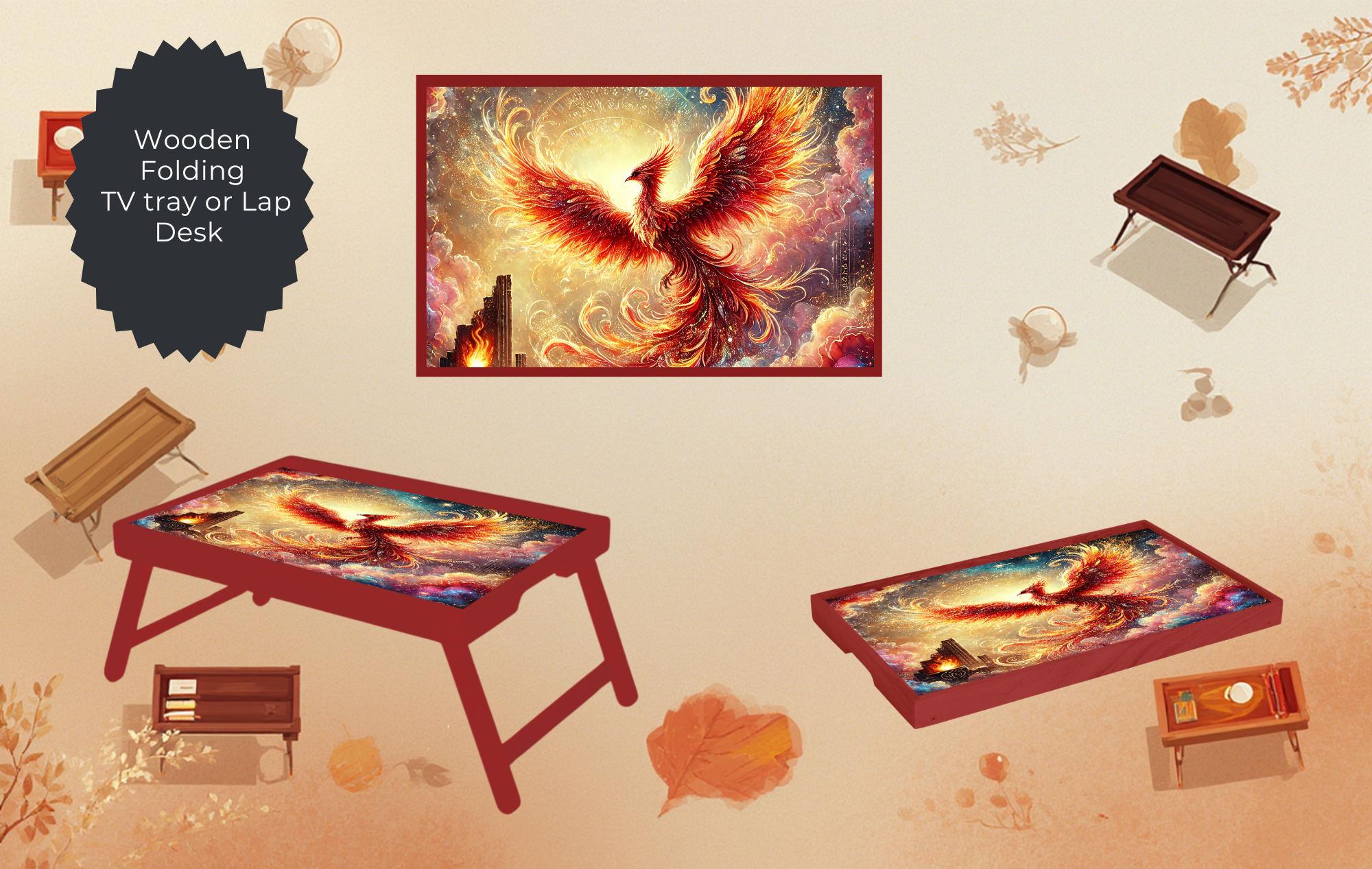 Phoenix Folding TV Tray Table - Fire Bird Wooden Lap Desk & Bed Tray