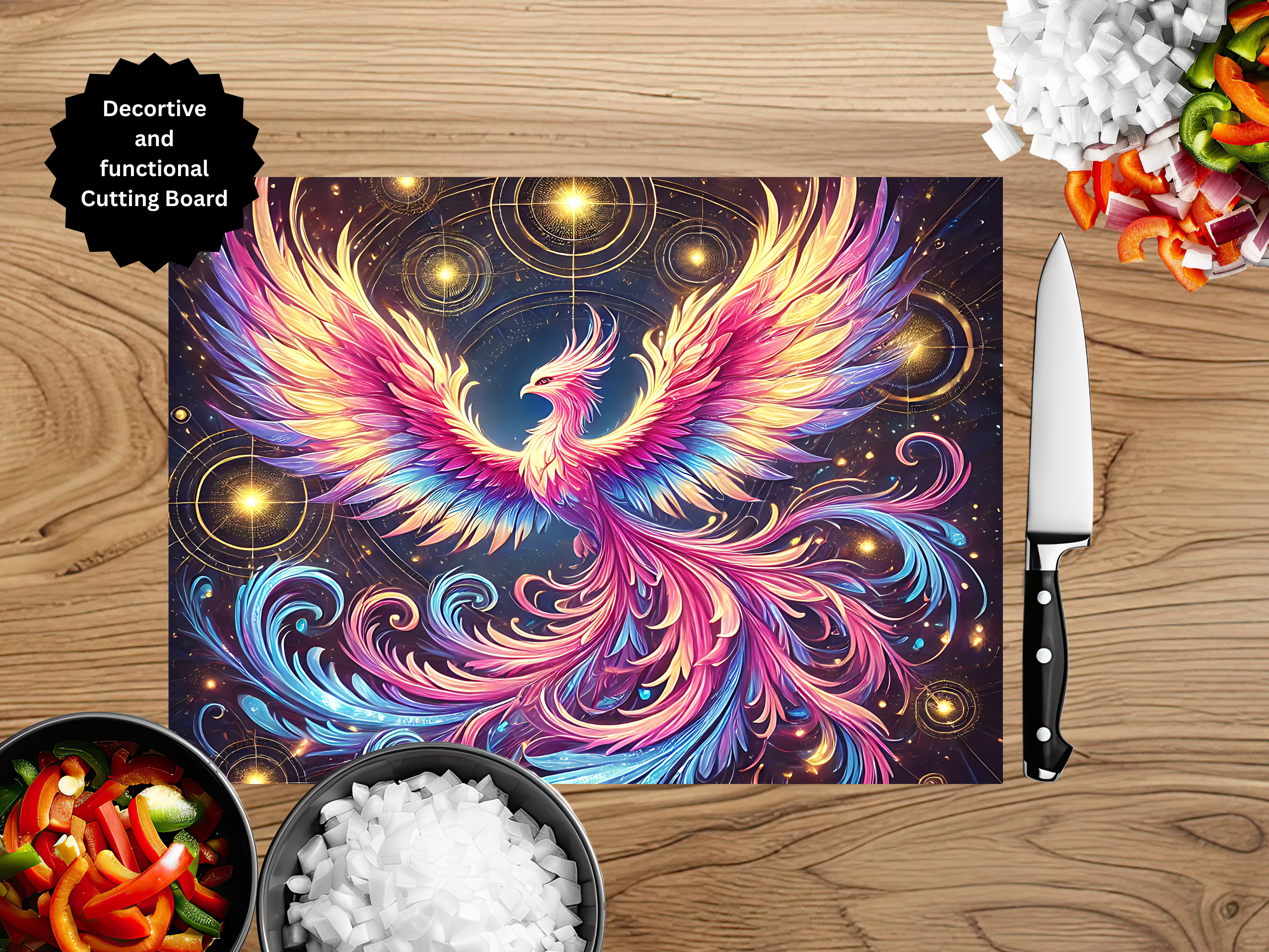 Phoenix Glass Cutting Board - Tempered Glass Kitchen Board with Fire Bird Design