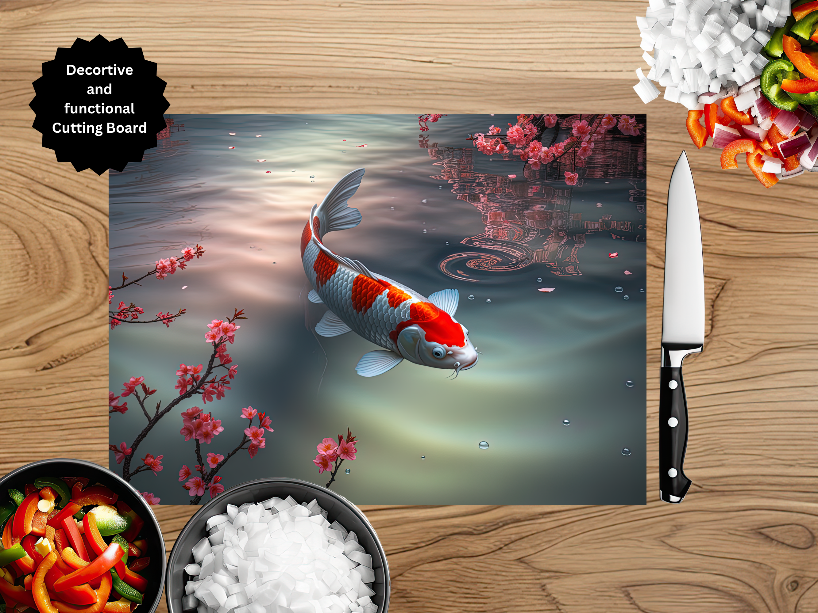 Koi Fish Glass Cutting Board - Tempered Glass Kitchen Board