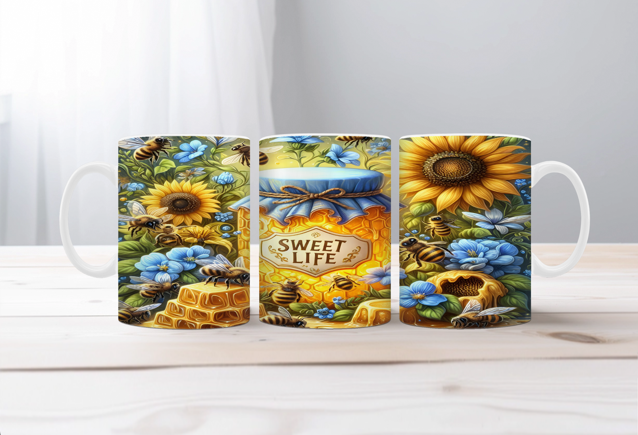 Buzzing Into the Day Honeybee Coffee Mugs. Two size options. Multiple images to choose.