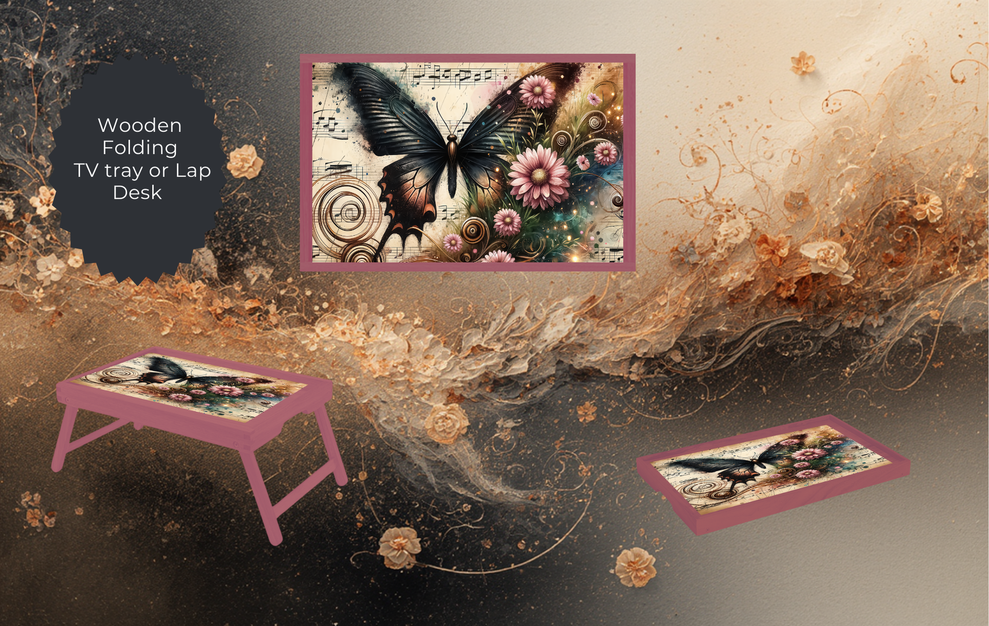 Butterfly Folding TV Trays - Handcrafted Wooden Serving Trays with Glitter