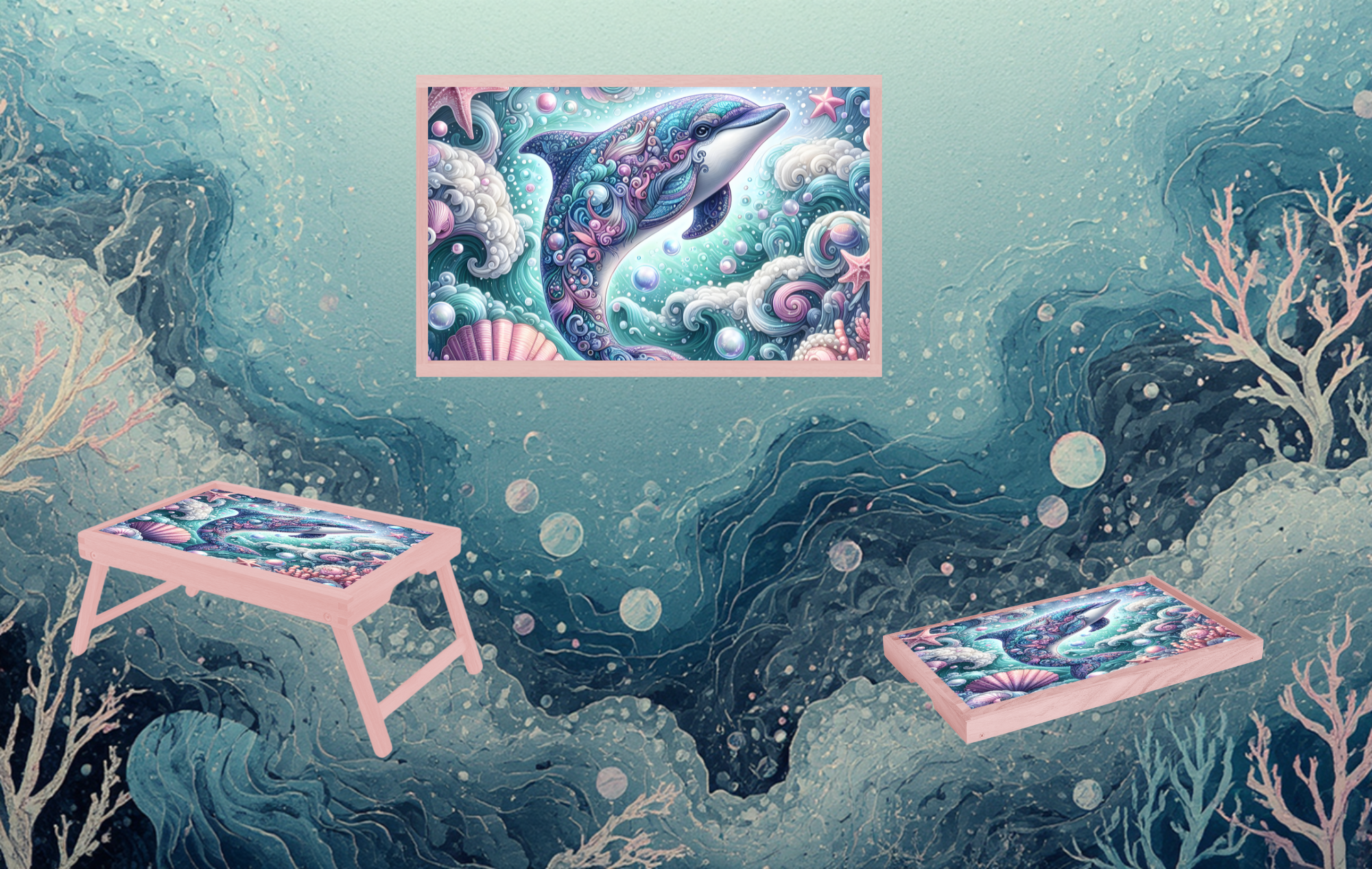 Dolphin Foldable Wooden TV Tray or Bed tray/lap Desk, make every snack feel like a beach day2 Sizes and Multiple Images Available.