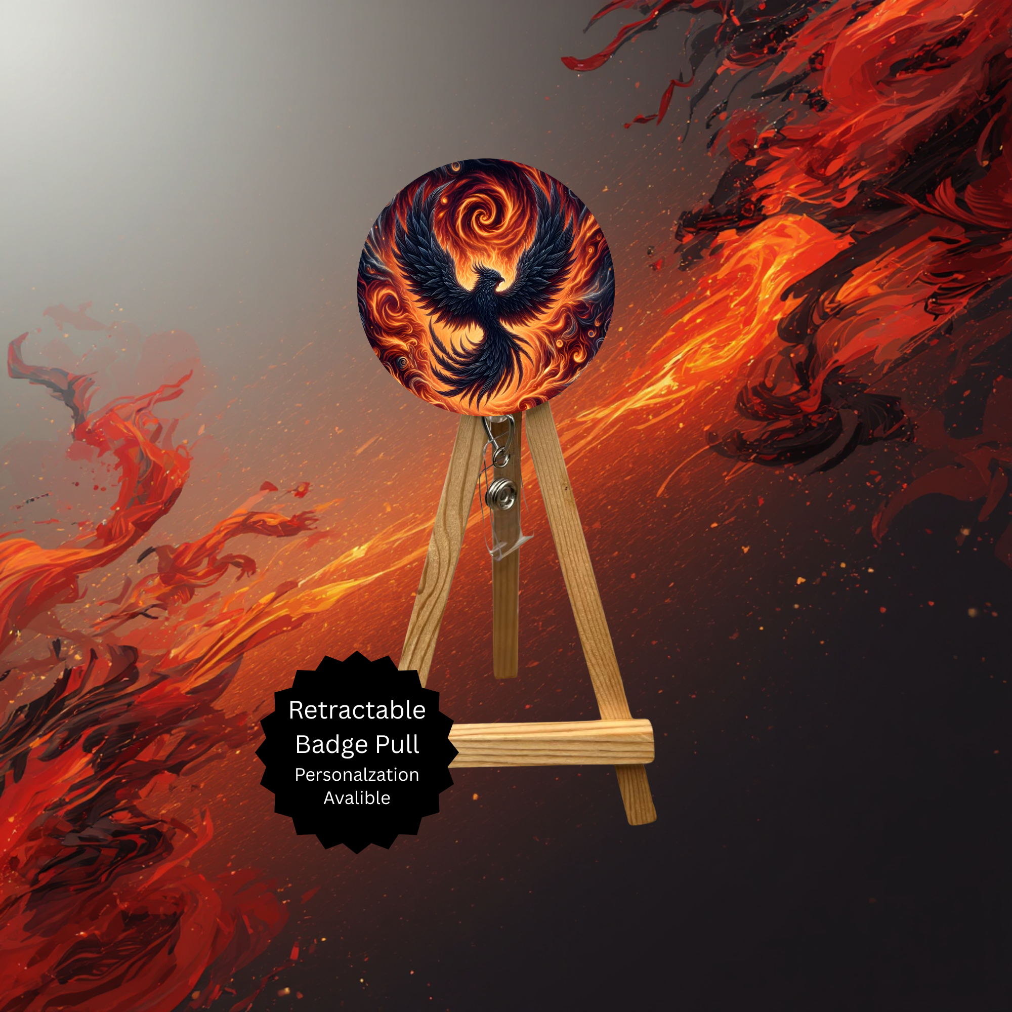 Phoenix Badge Pulls - Mythical Fire Bird ID Holder with Beads & Glitter Options