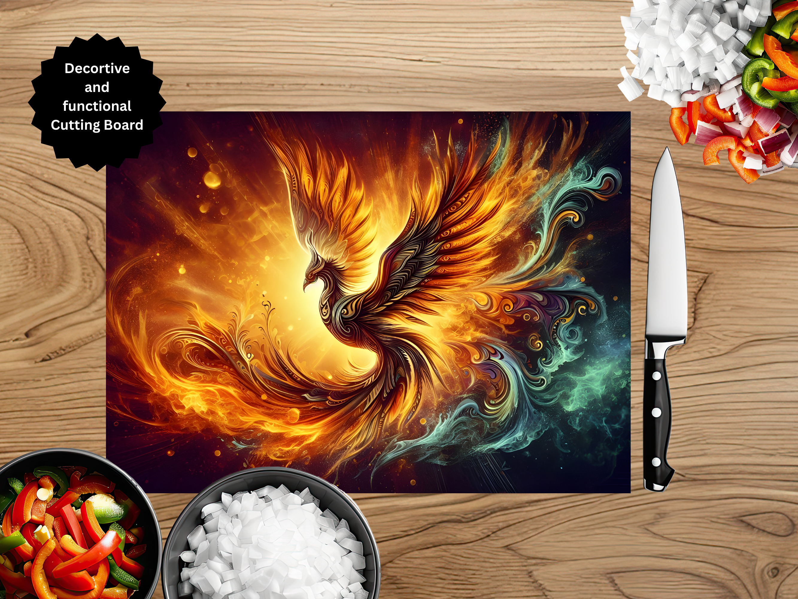 Phoenix Glass Cutting Board - Tempered Glass Kitchen Board with Fire Bird Design