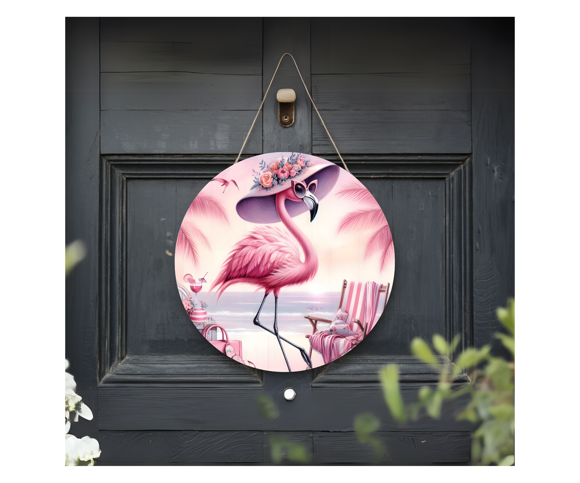 Home of the Flock Flamingo Door Signs, Multiple images options.
