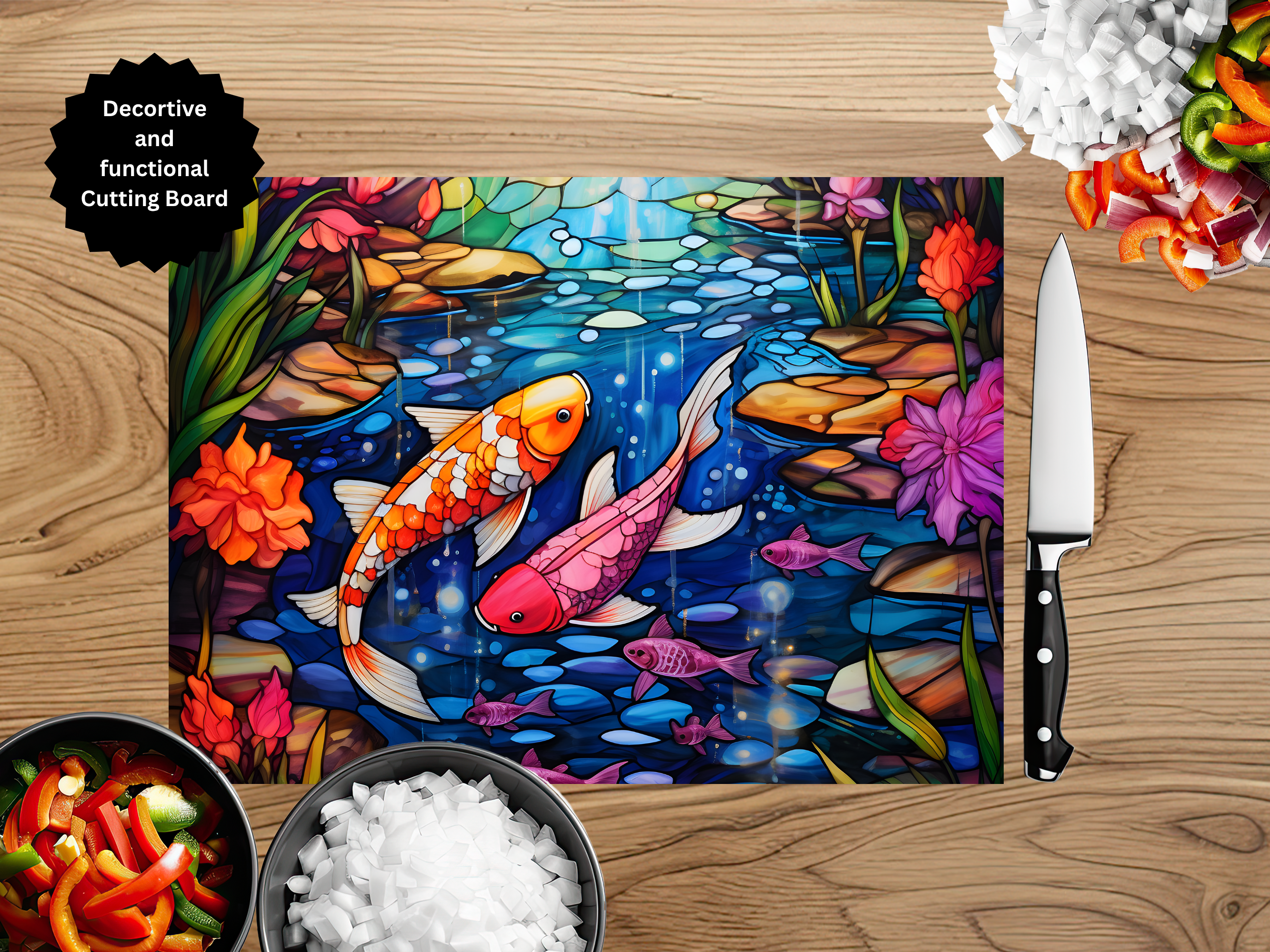 Koi Fish Glass Cutting Board - Tempered Glass Kitchen Board
