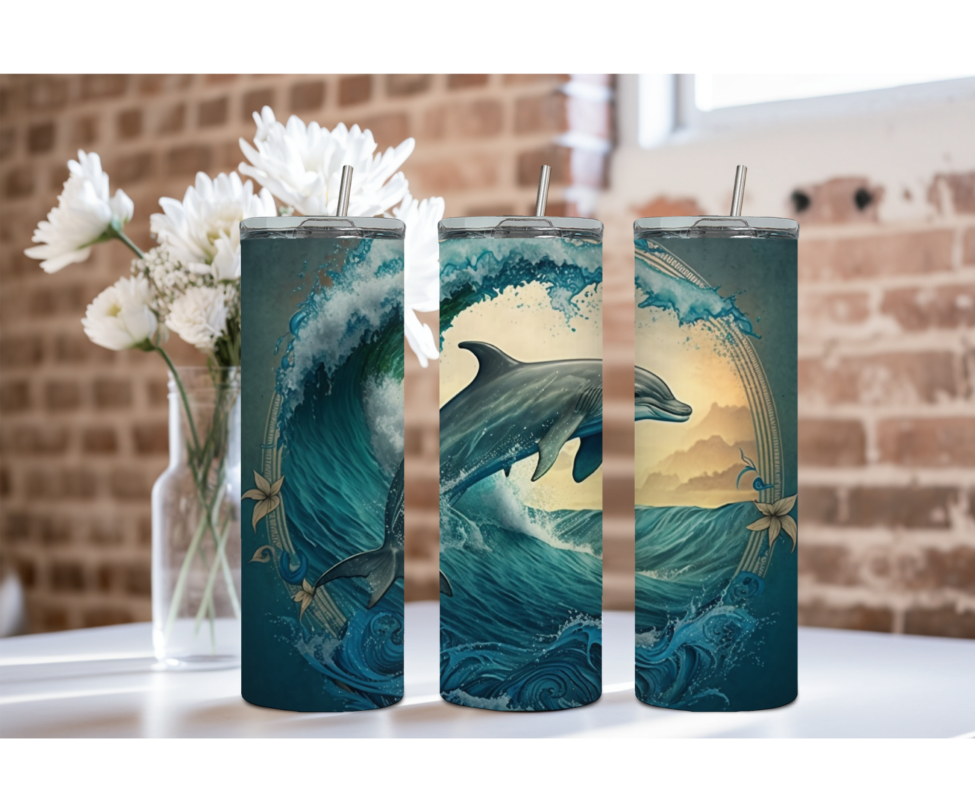Splash of Happiness Dolphin – 20 oz Stainless-Steel Tumblers. Multiple Sizes and Images Available.