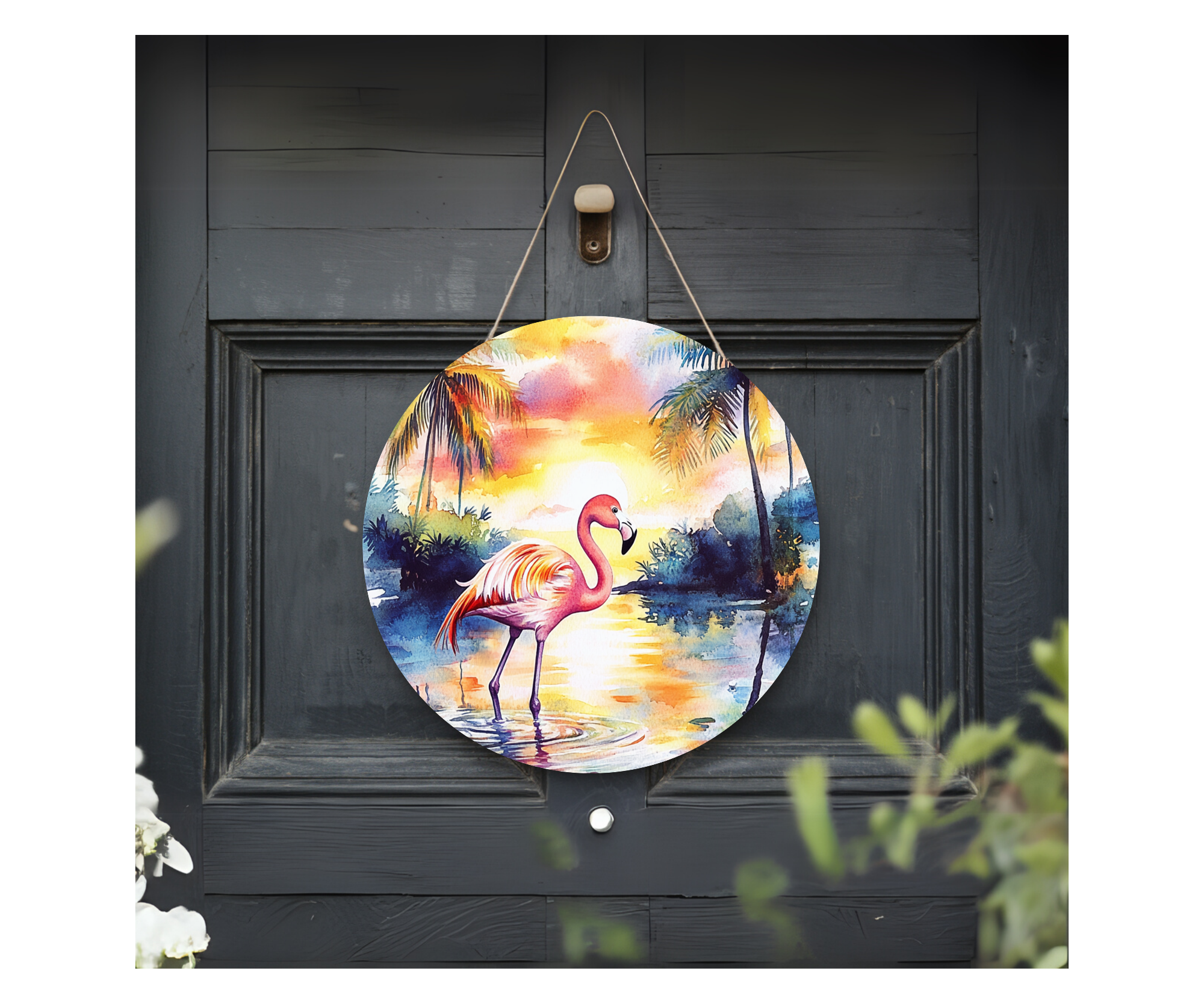 Home of the Flock Flamingo Door Signs, Multiple images options.