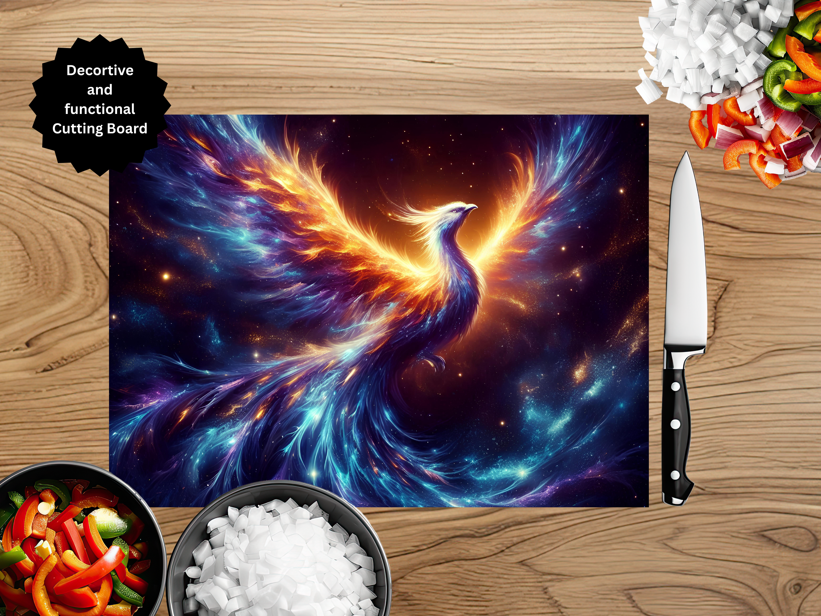 Phoenix Glass Cutting Board - Tempered Glass Kitchen Board with Fire Bird Design