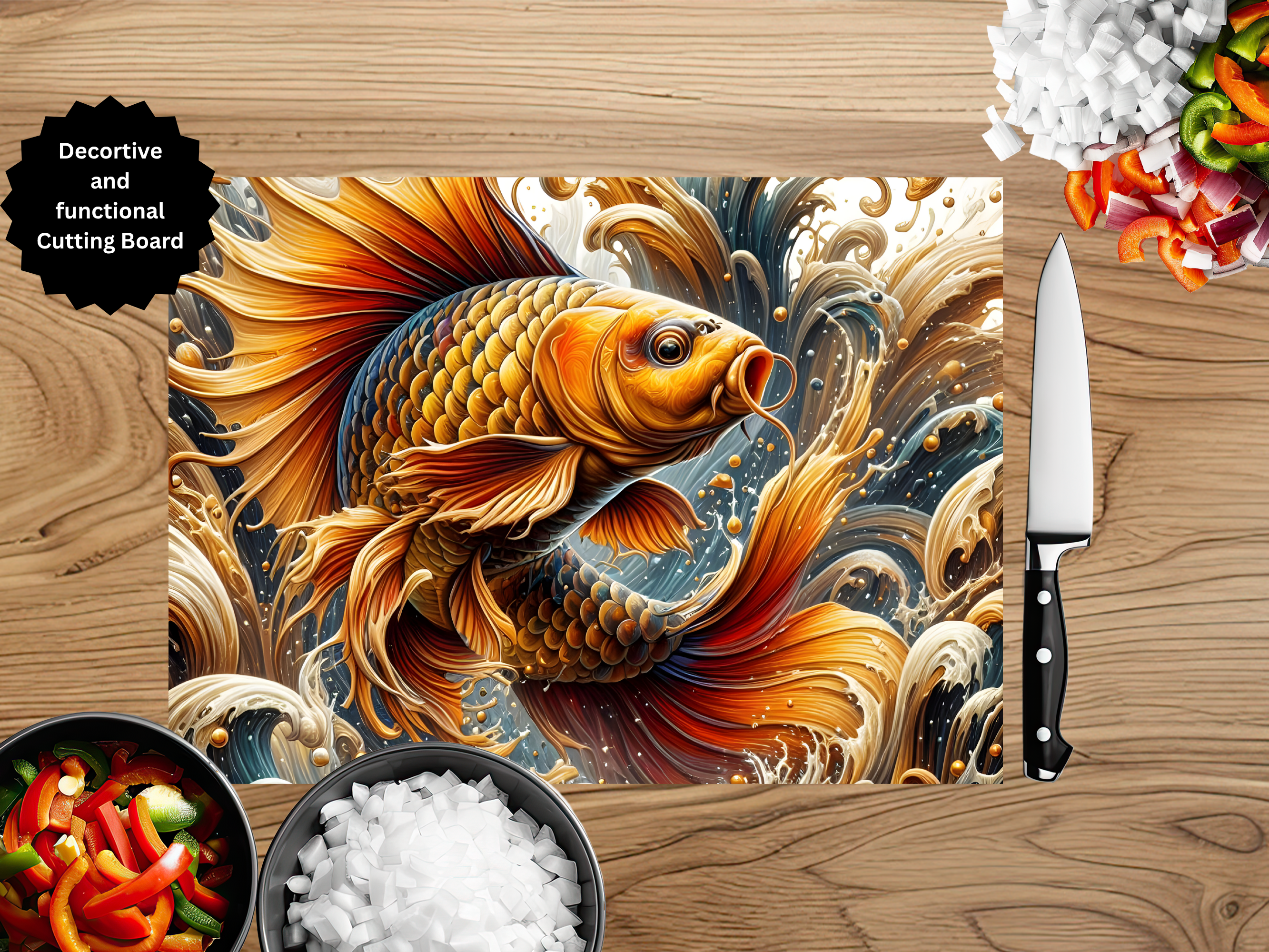 Koi Fish Glass Cutting Board - Tempered Glass Kitchen Board