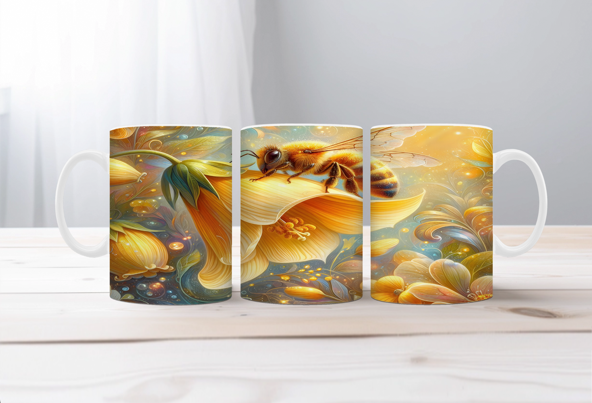 Buzzing Into the Day Honeybee Coffee Mugs. Two size options. Multiple images to choose.