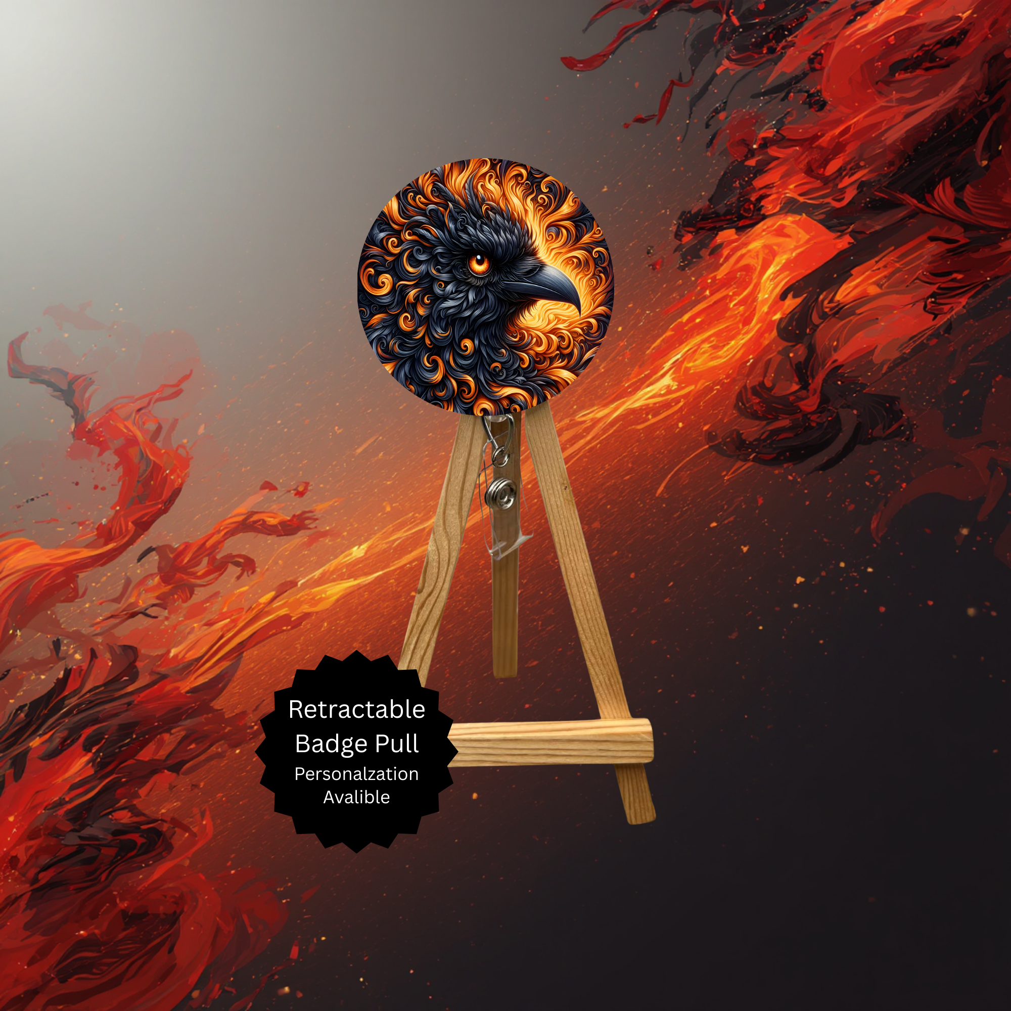 Phoenix Badge Pulls - Mythical Fire Bird ID Holder with Beads & Glitter Options