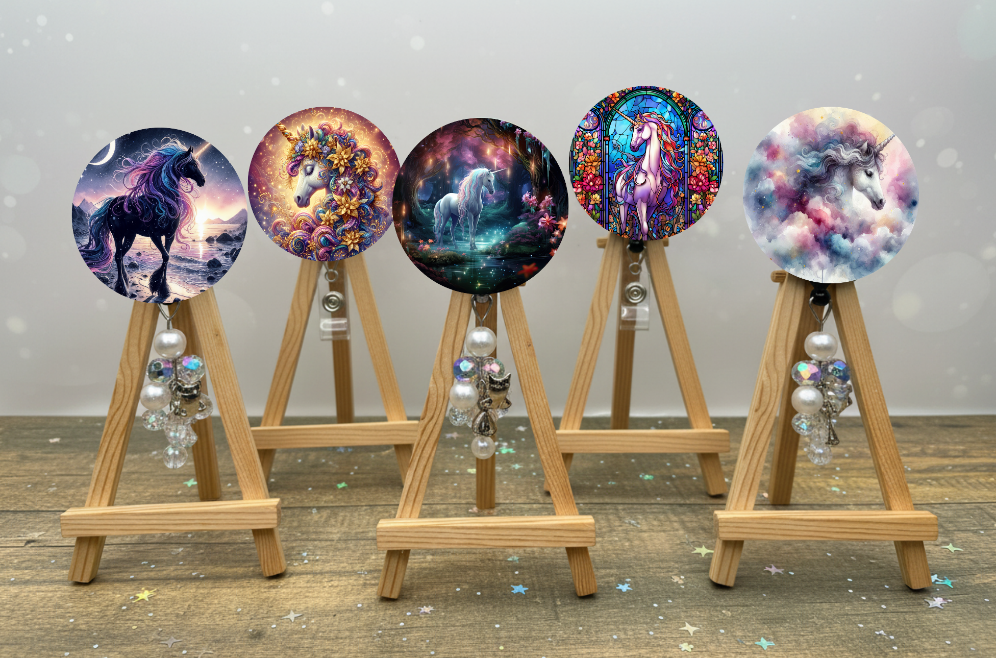 Unicorn badge pulls. Multiple Images available. Add beads or shimmer glitter options.