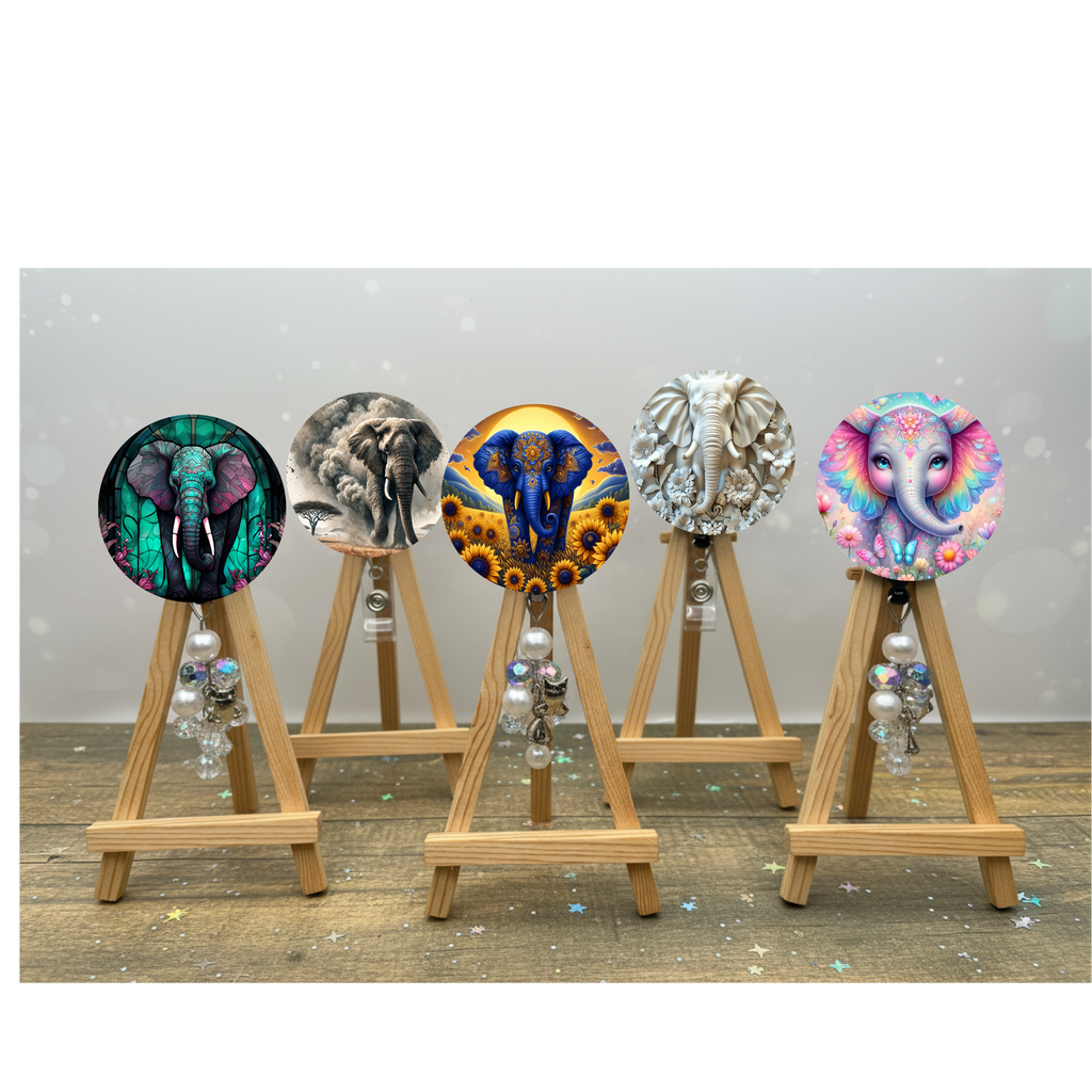Elephant badge pulls. Multiple Images available. Add beads or shimmer glitter options.