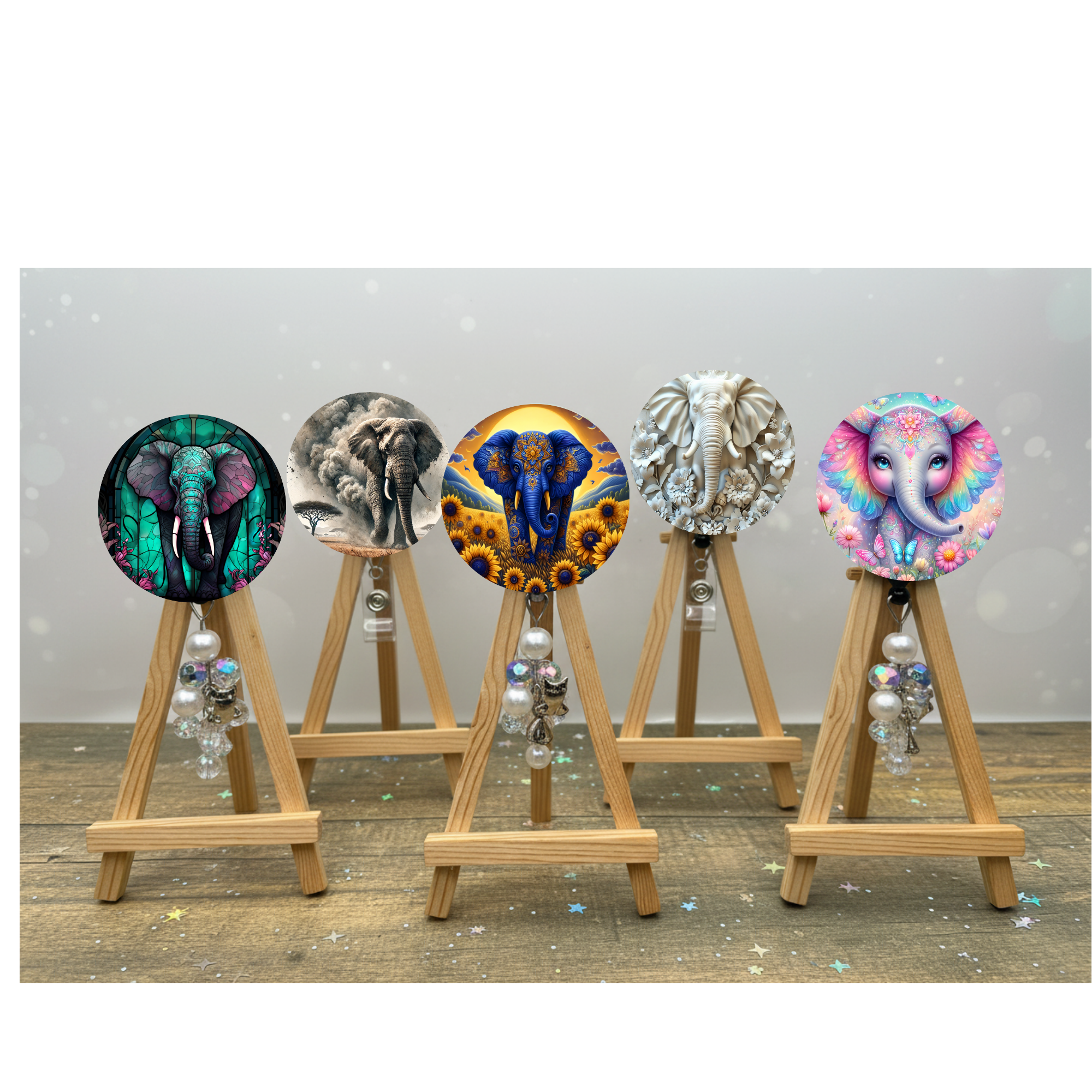 Elephant badge pulls. Multiple Images available. Add beads or shimmer glitter options.