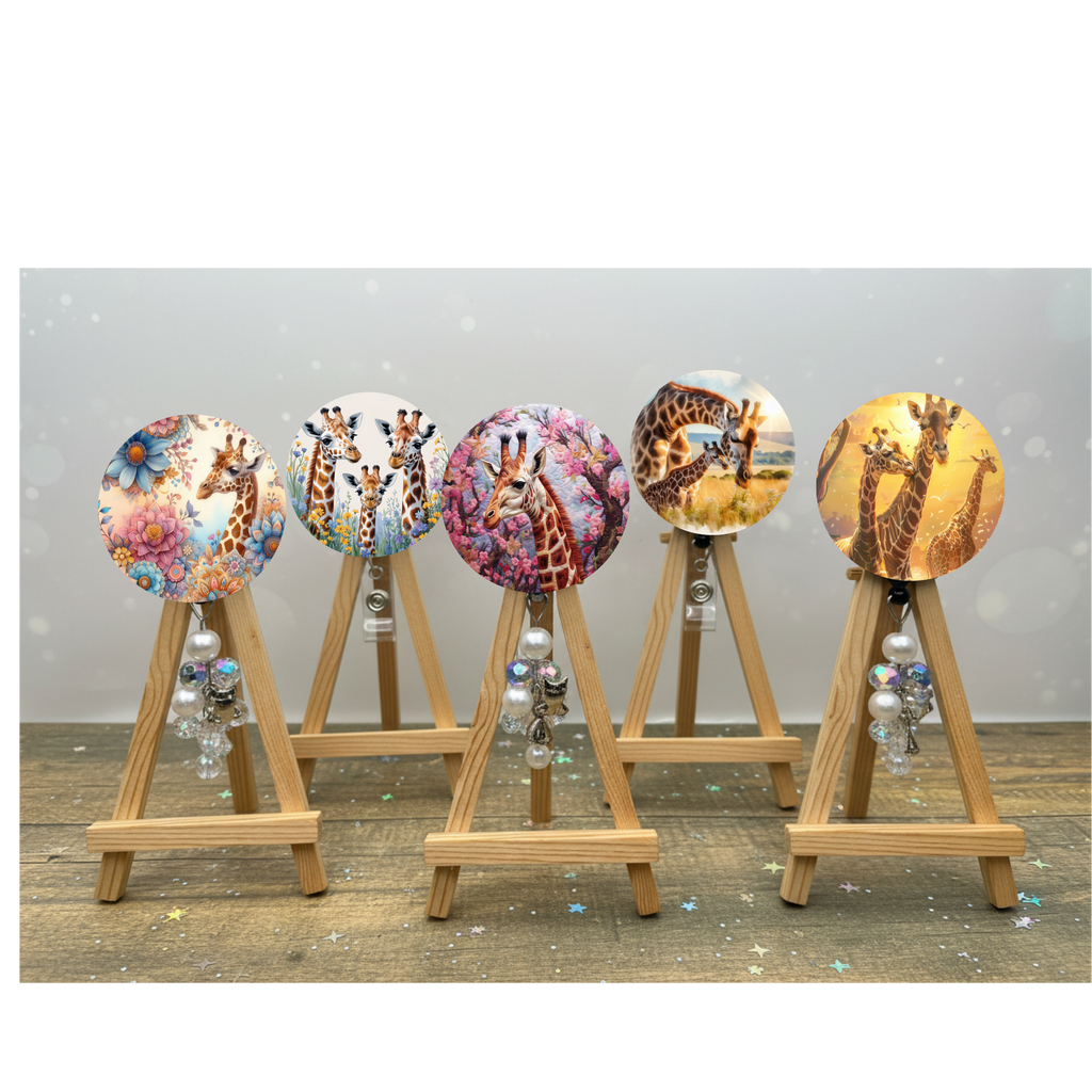 Giraffe badge pulls. Multiple Images available. Add beads or shimmer glitter options.