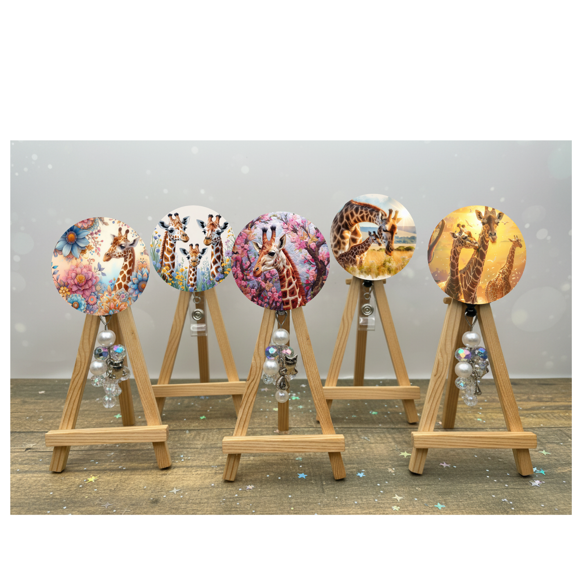 Giraffe badge pulls. Multiple Images available. Add beads or shimmer glitter options.