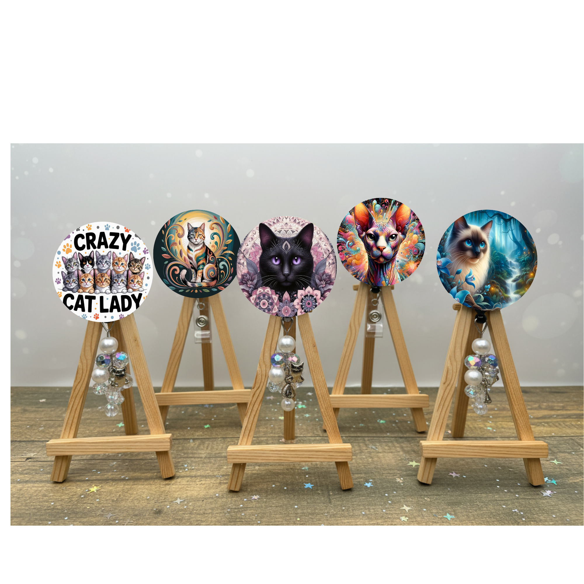 Cat badge pulls. Make every shift a purr‑fect one. Multiple Images available. Add beads or shimmer glitter options.