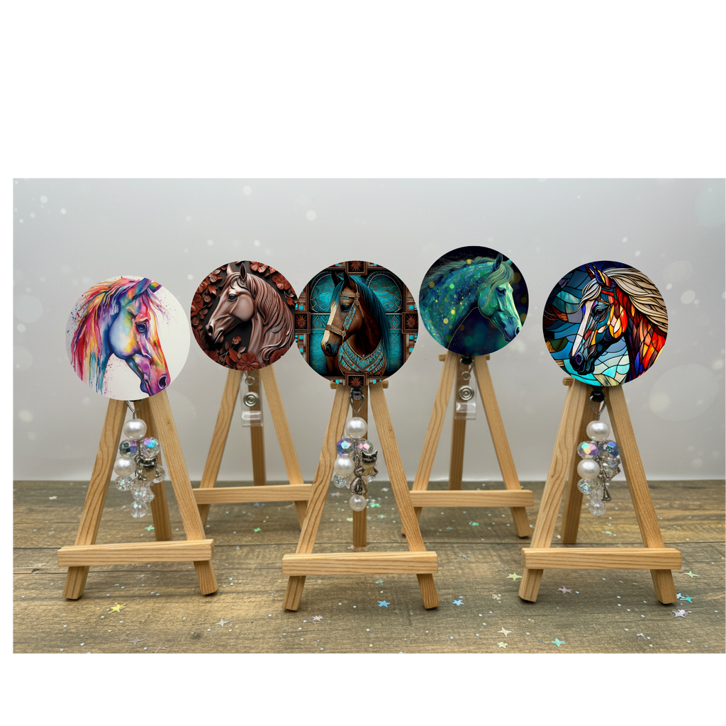 Horse Badge Pulls. Multiple Images available. Add beads or shimmer glitter options.