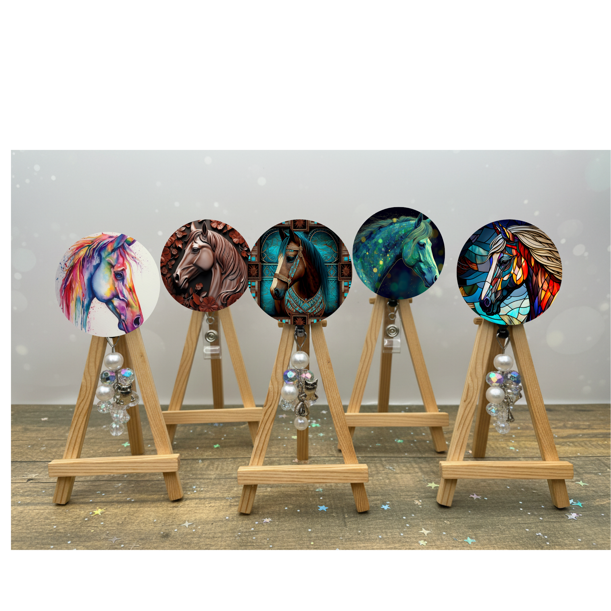 Horse Badge Pulls. Multiple Images available. Add beads or shimmer glitter options.
