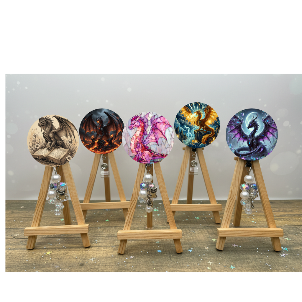 Dragon badge pulls. Bring a touch of fantasy to every shift with fierce, fun dragon designs. Multiple Images available. Add beads or shimmer glitter options.