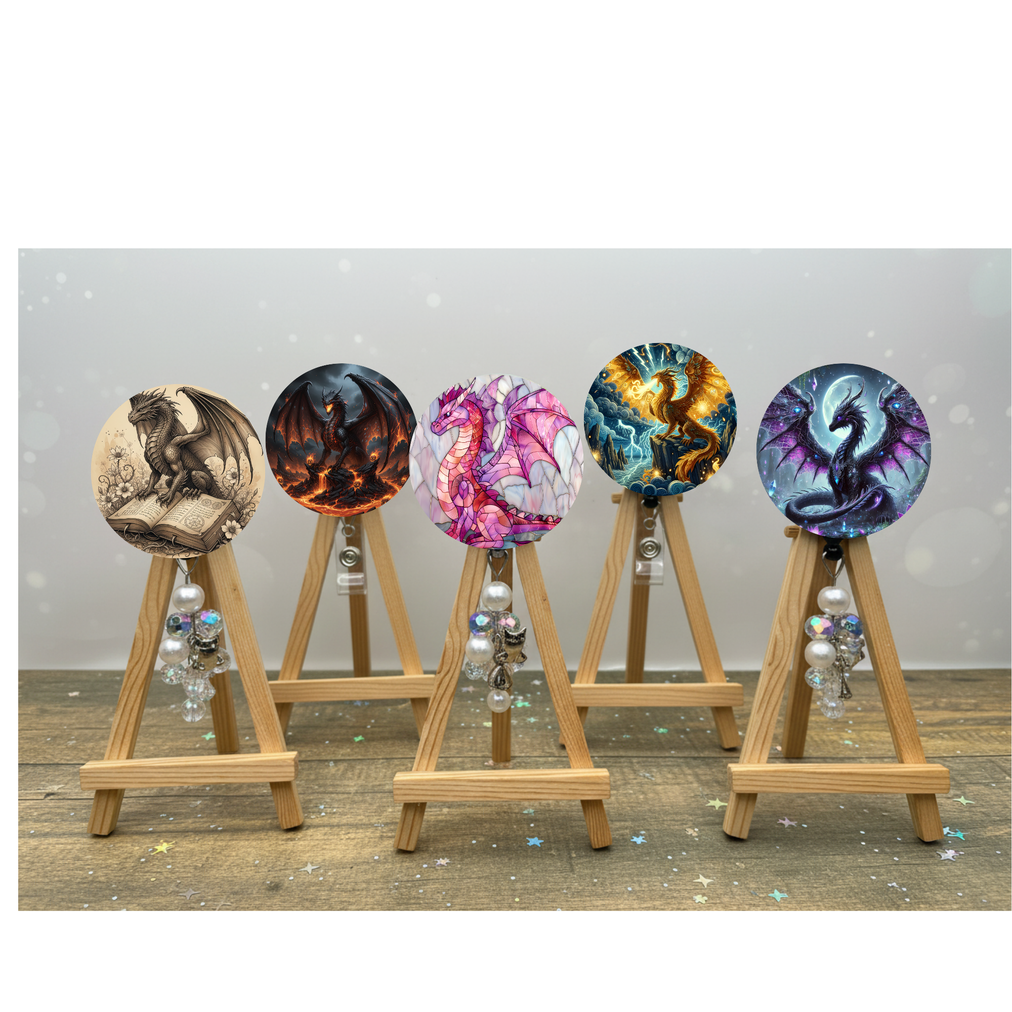 Dragon badge pulls. Bring a touch of fantasy to every shift with fierce, fun dragon designs. Multiple Images available. Add beads or shimmer glitter options.