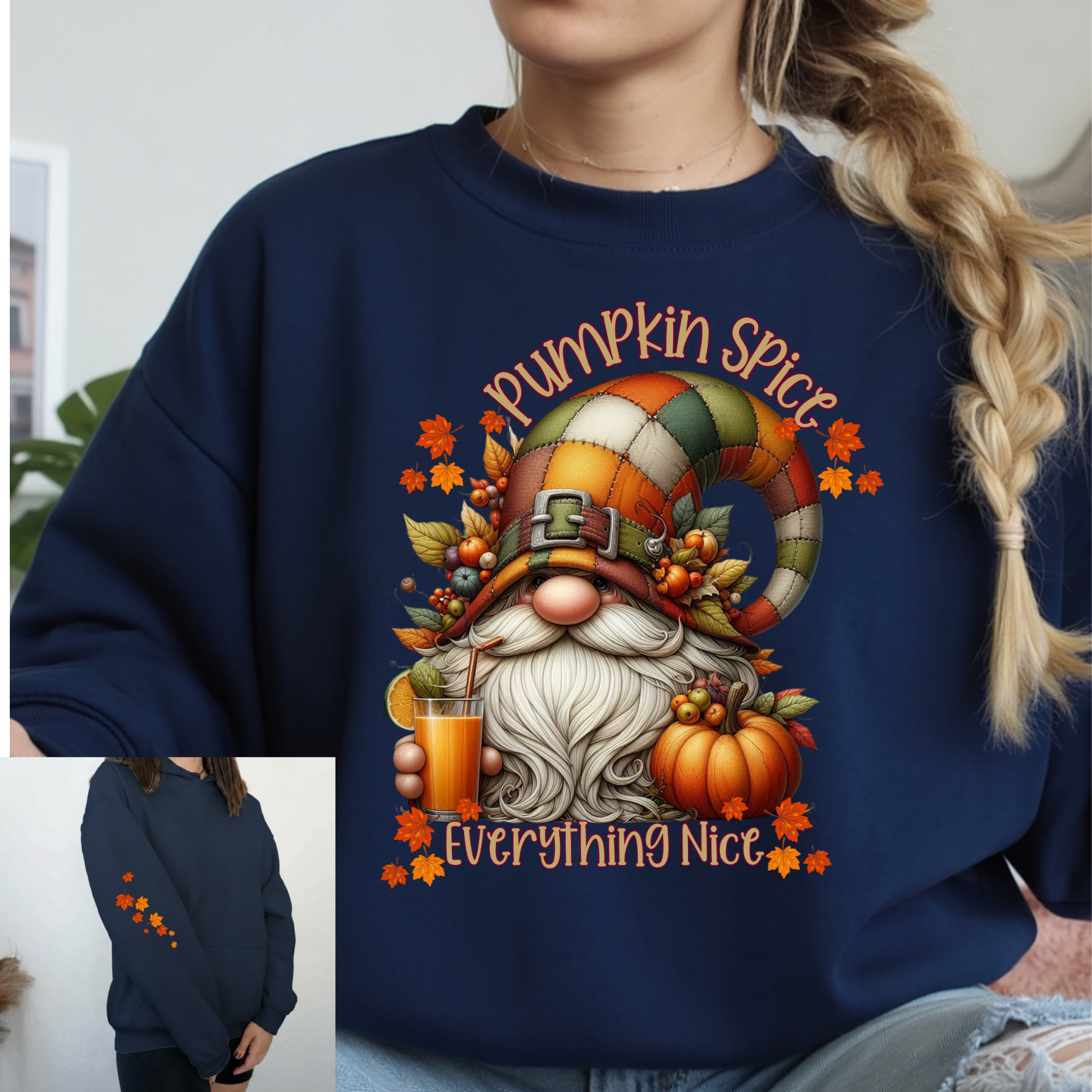 Pumpkin Spice Gnome Long Sleeve Tee with Sleeve Print