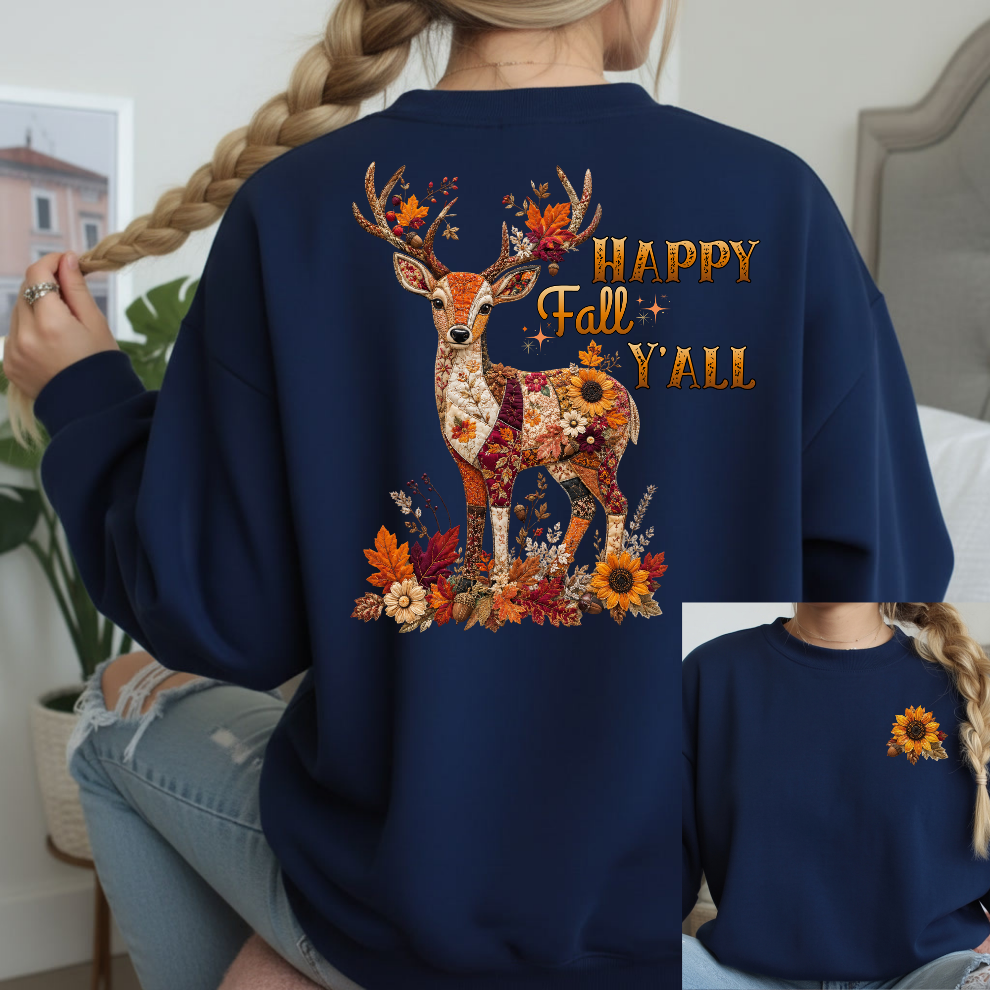 Patchwork Deer Happy Fall Sweatshirt Front and Back Design