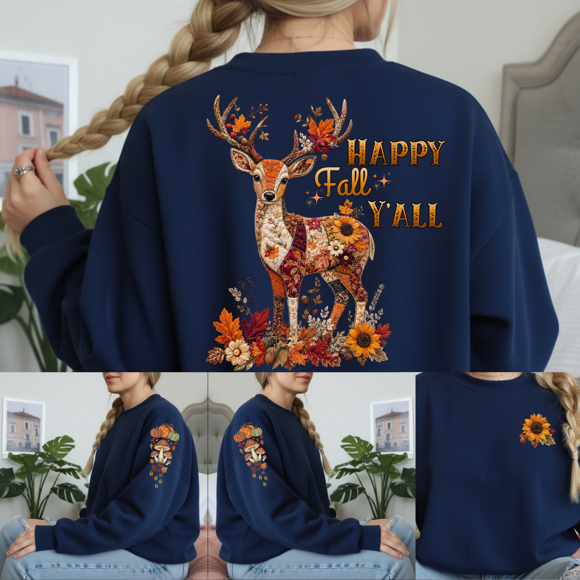 Fall Patchwork Deer Multi Design Long Sleeve Tee