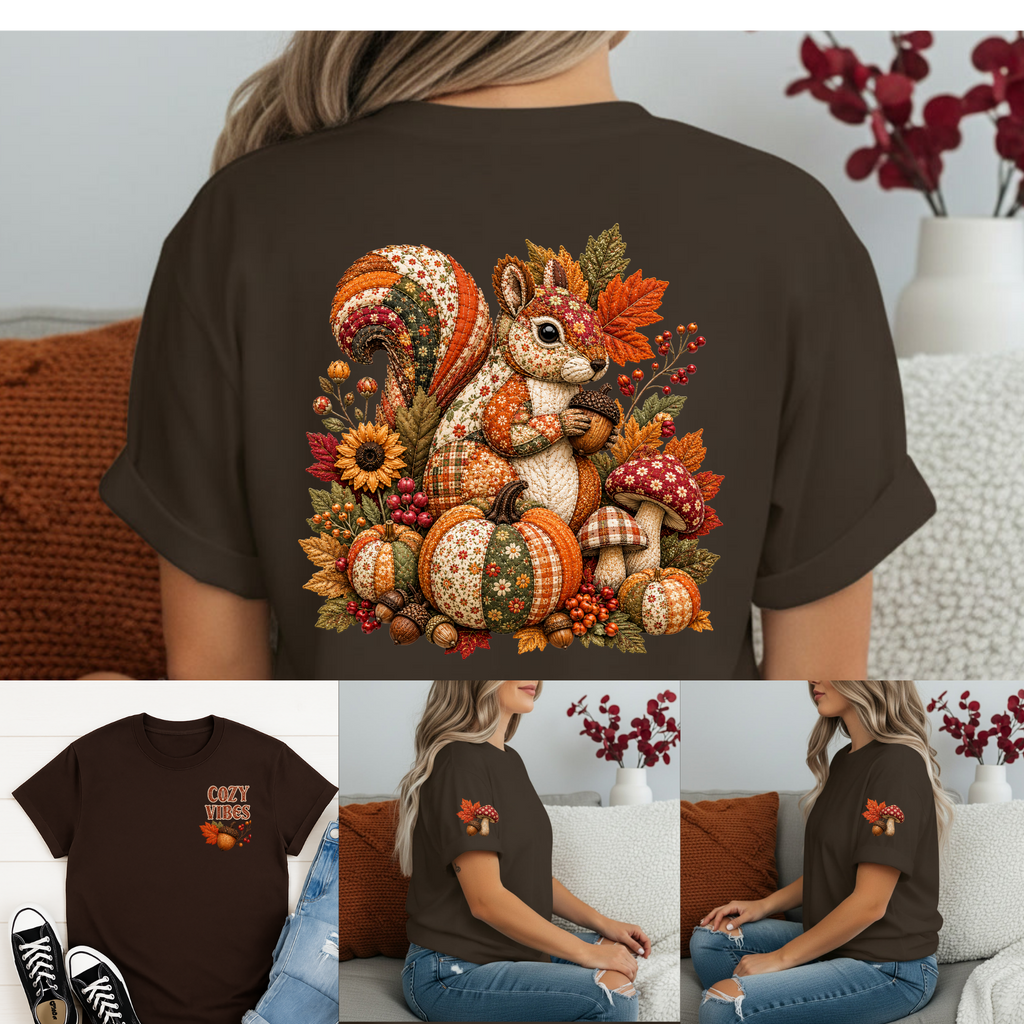 Cozy Vibes Squirrel 360 Tee | All-Over Fall Graphic T-Shirt