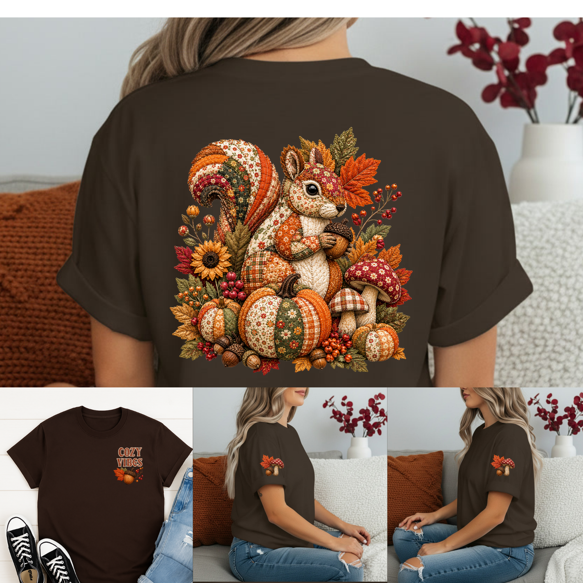 Cozy Vibes Squirrel 360 Tee | All-Over Fall Graphic T-Shirt