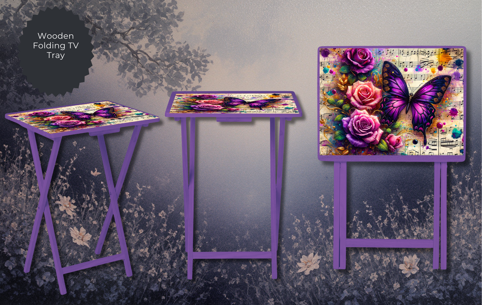 Butterfly Folding TV Trays - Handcrafted Wooden Serving Trays with Glitter
