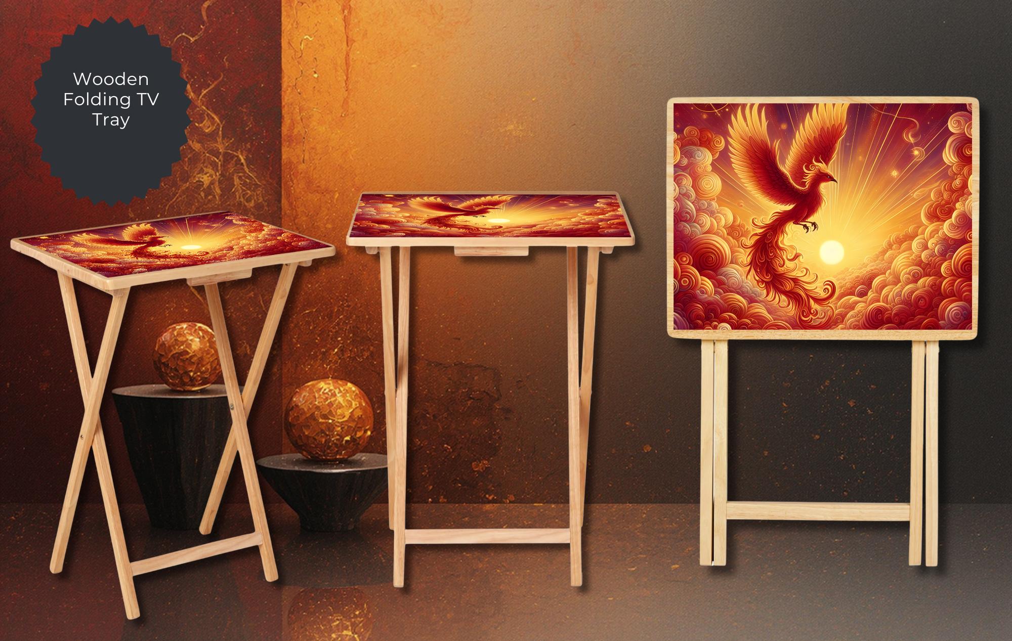 Phoenix Folding TV Tray Table - Fire Bird Wooden Lap Desk & Bed Tray