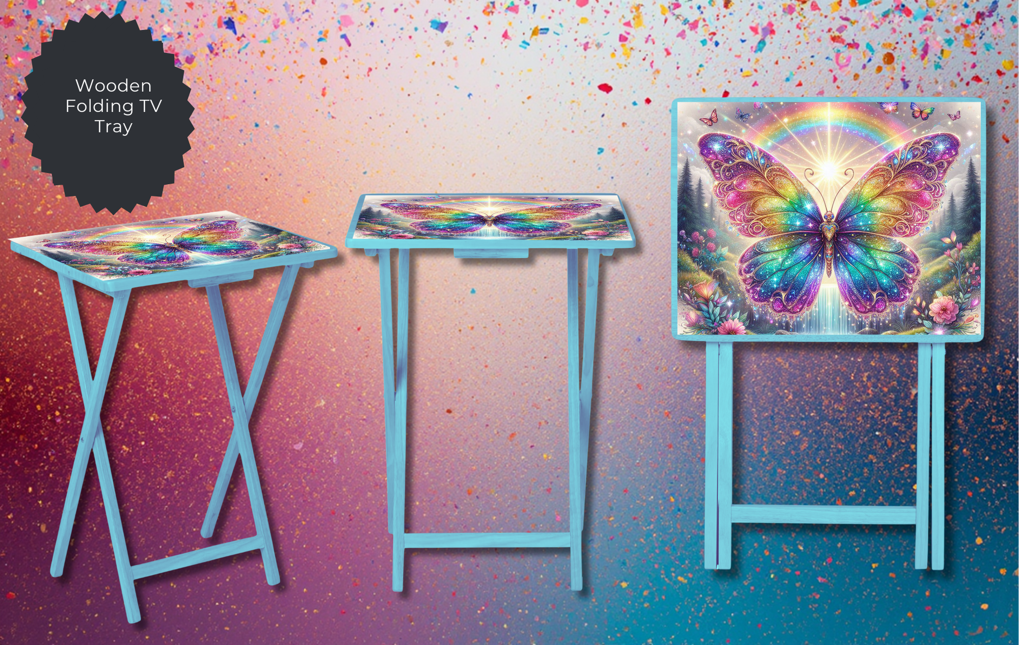 Butterfly Folding TV Trays - Handcrafted Wooden Serving Trays with Glitter