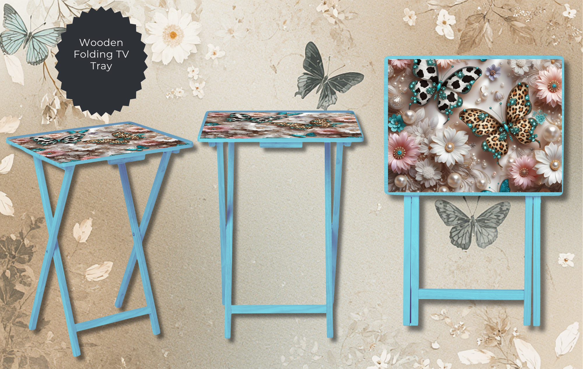 Butterfly Folding TV Trays - Handcrafted Wooden Serving Trays with Glitter