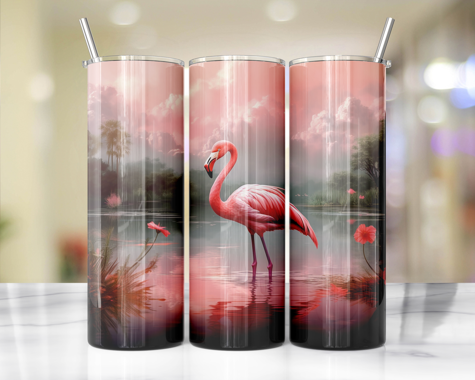 20 oz Pink Paradise Whimsy, Flamingo Stainless-Steel Tumblers. Multiple Sizes and Images Available.