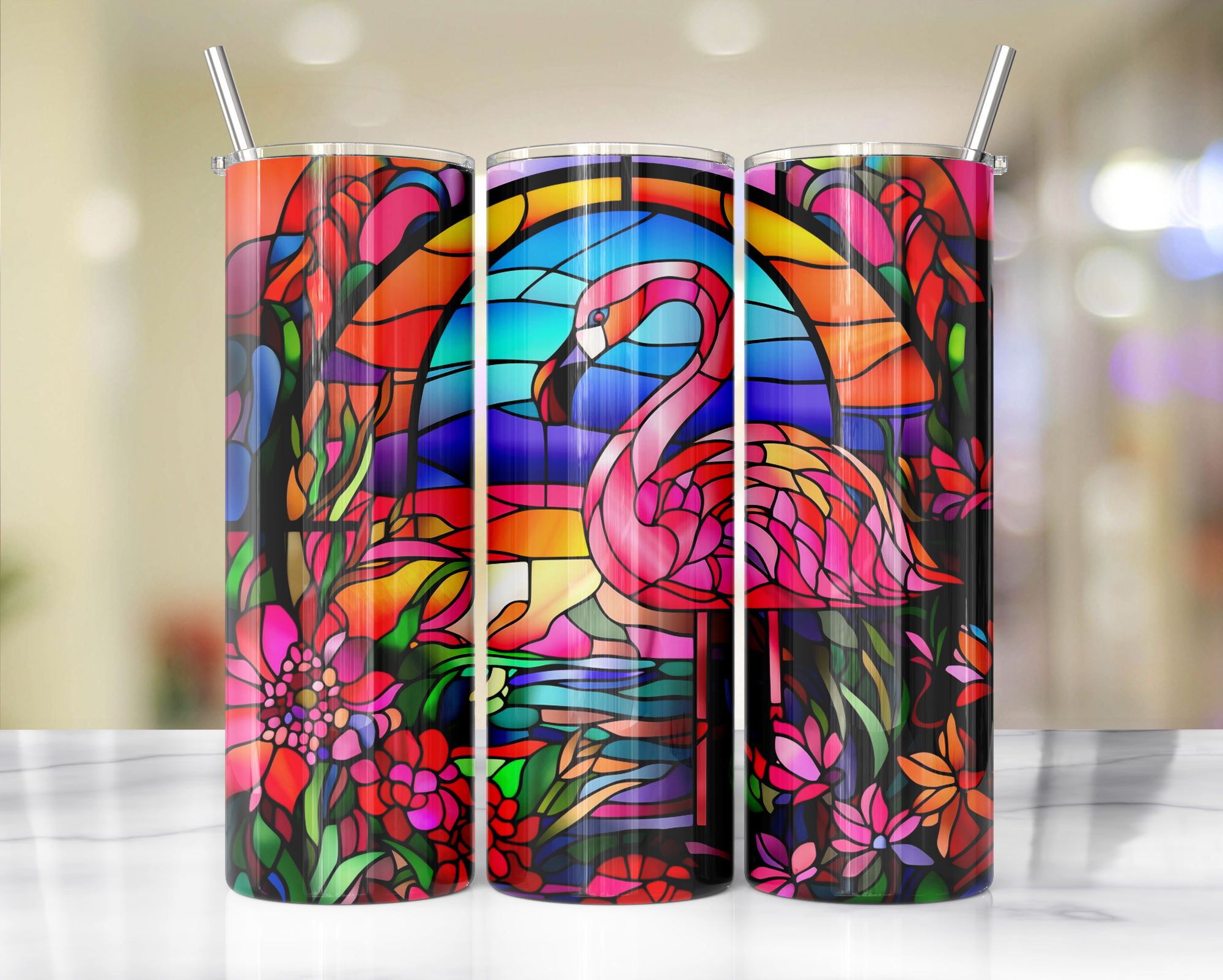 20 oz Pink Paradise Whimsy, Flamingo Stainless-Steel Tumblers. Multiple Sizes and Images Available.