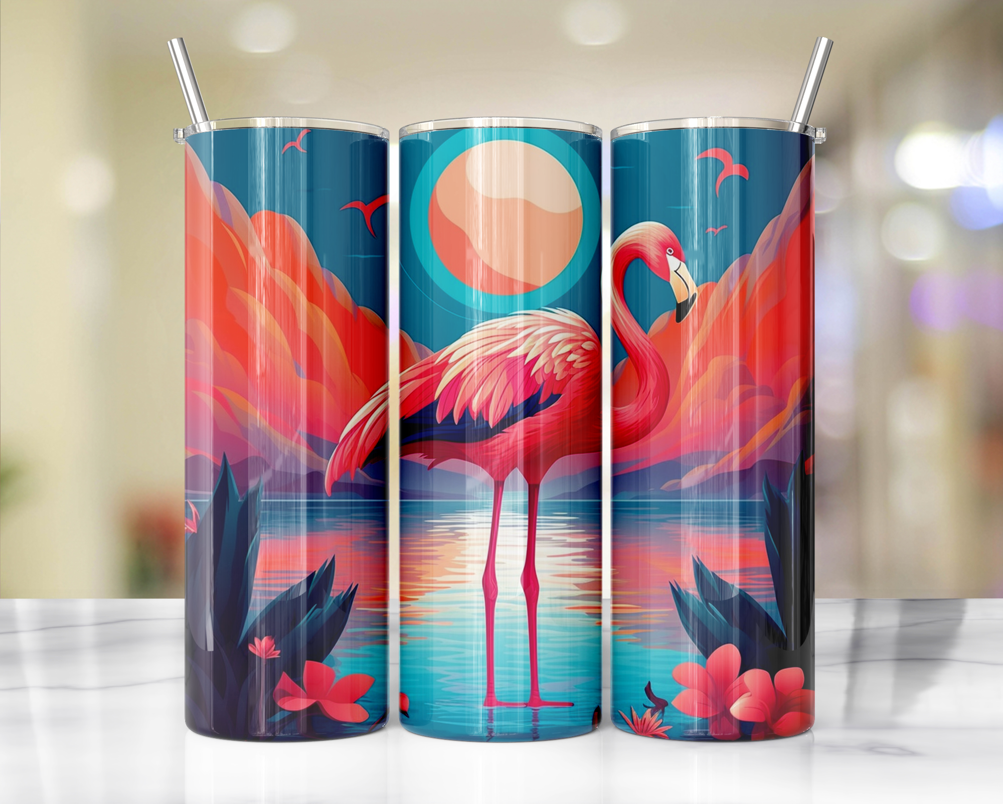 20 oz Pink Paradise Whimsy, Flamingo Stainless-Steel Tumblers. Multiple Sizes and Images Available.