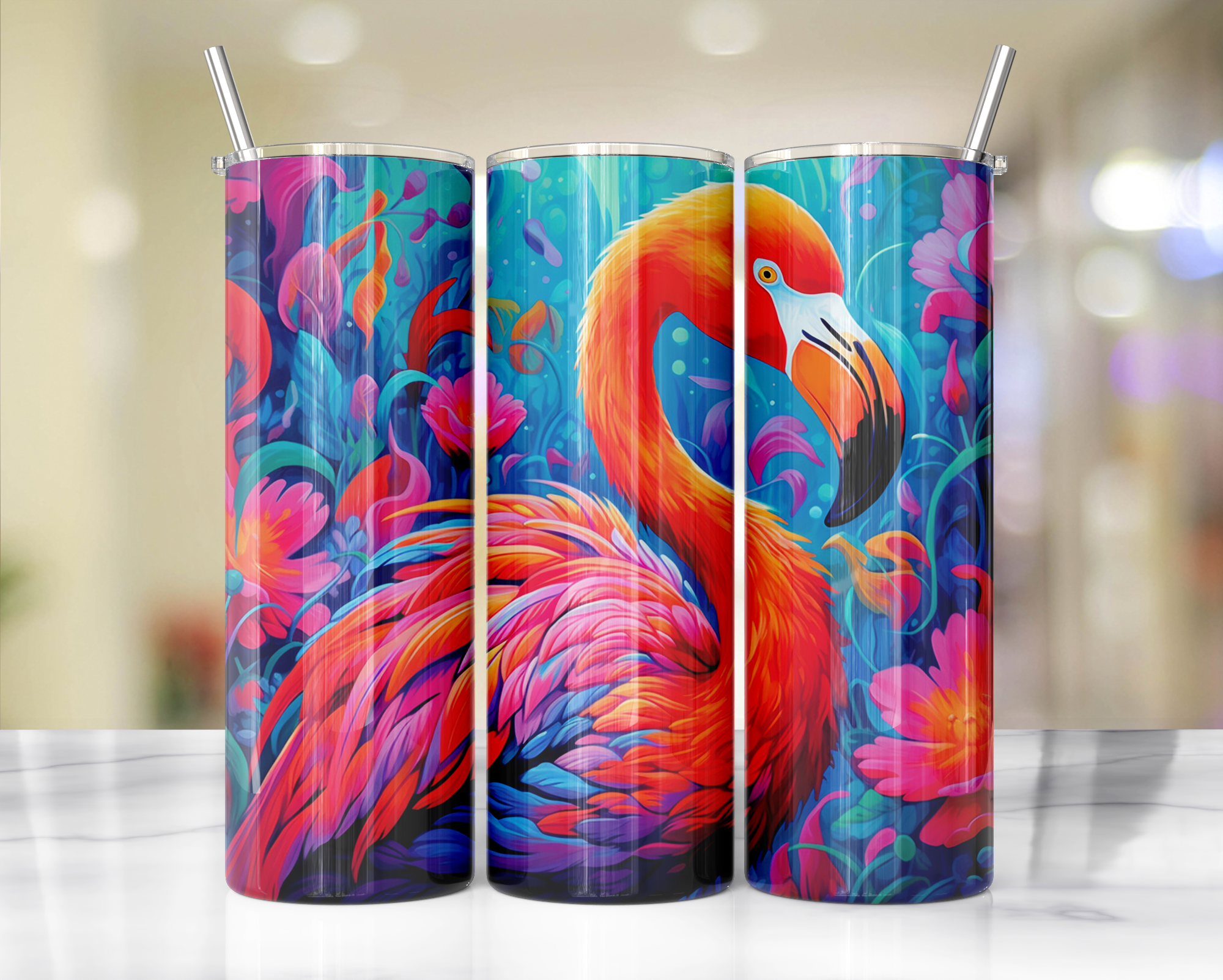20 oz Pink Paradise Whimsy, Flamingo Stainless-Steel Tumblers. Multiple Sizes and Images Available.