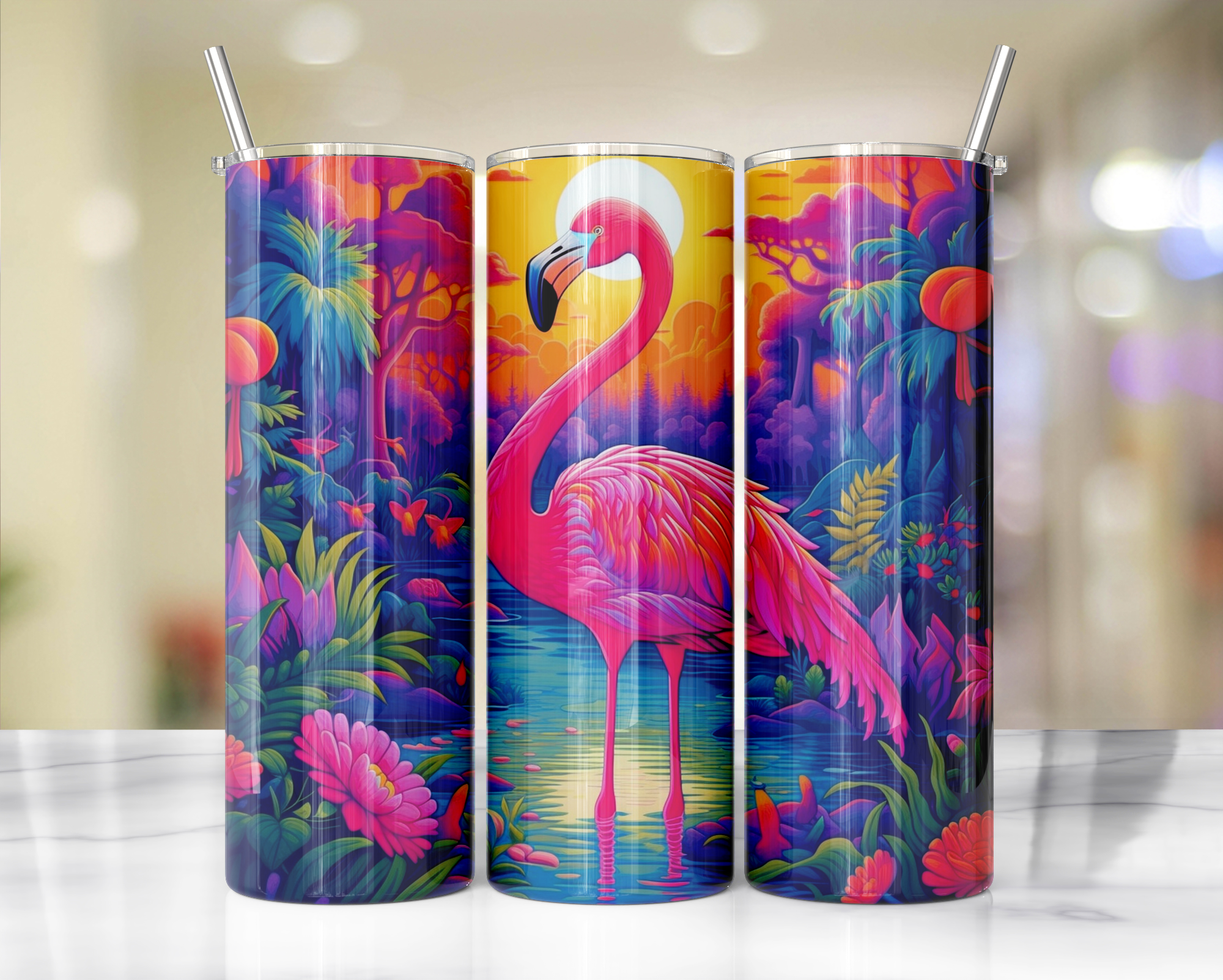 20 oz Pink Paradise Whimsy, Flamingo Stainless-Steel Tumblers. Multiple Sizes and Images Available.