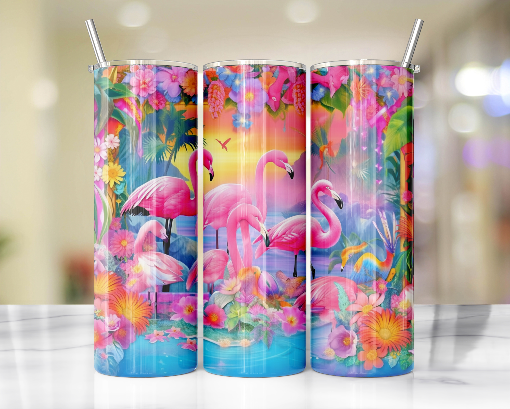 20 oz Pink Paradise Whimsy, Flamingo Stainless-Steel Tumblers. Multiple Sizes and Images Available.