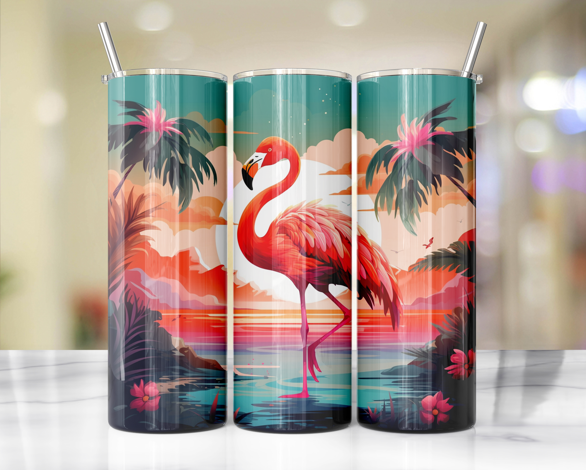 20 oz Pink Paradise Whimsy, Flamingo Stainless-Steel Tumblers. Multiple Sizes and Images Available.
