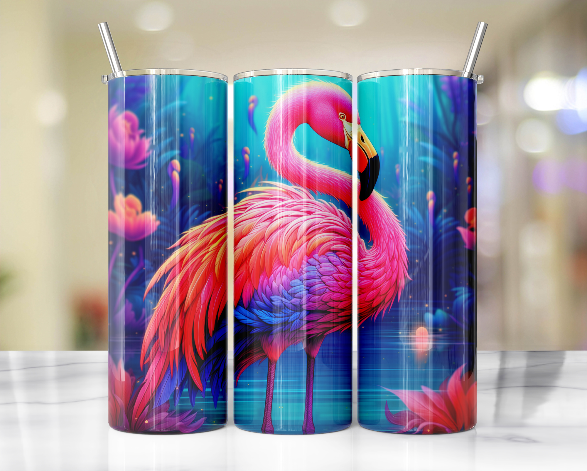 20 oz Pink Paradise Whimsy, Flamingo Stainless-Steel Tumblers. Multiple Sizes and Images Available.