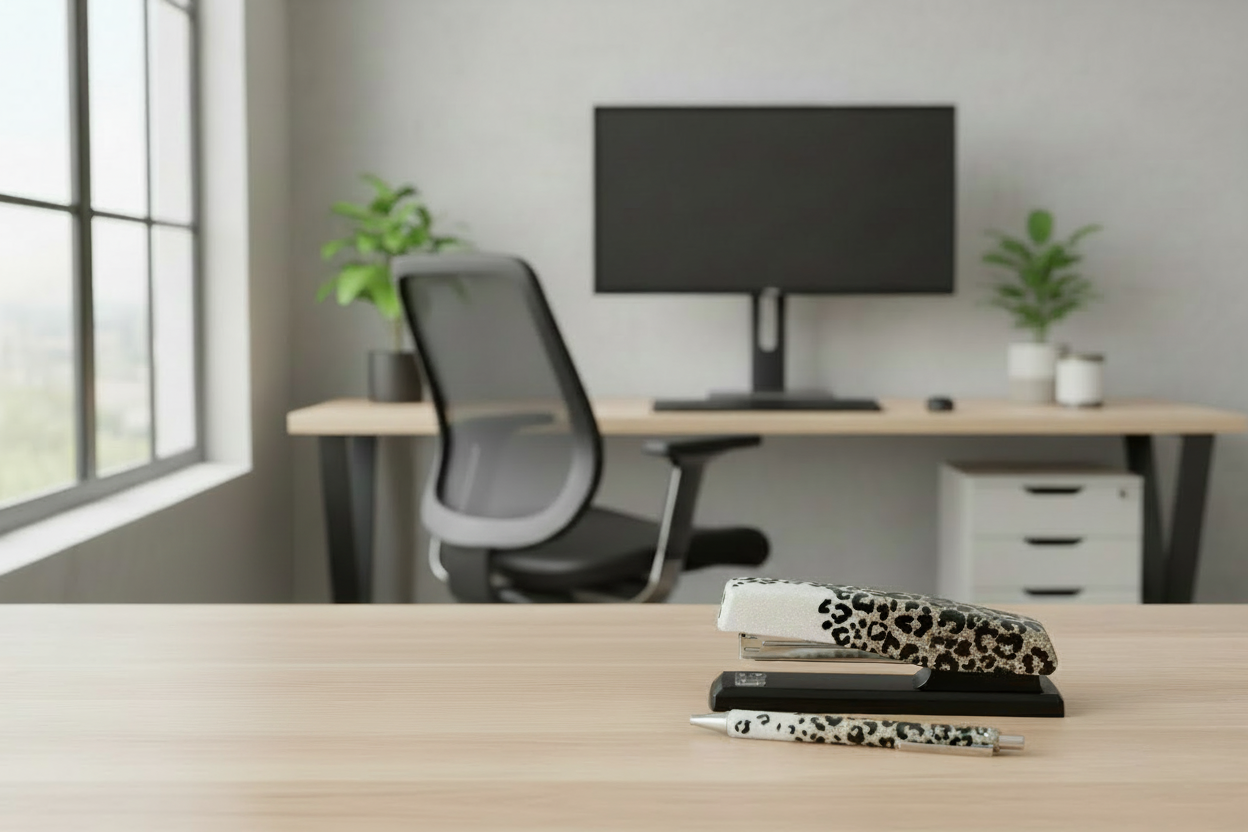 Cheetah print Desk Set in office setting