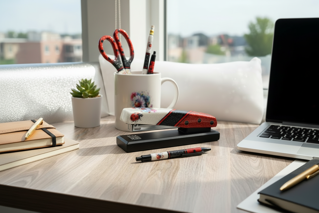Cute Lady bug Glitter Desk Set with updated stapler