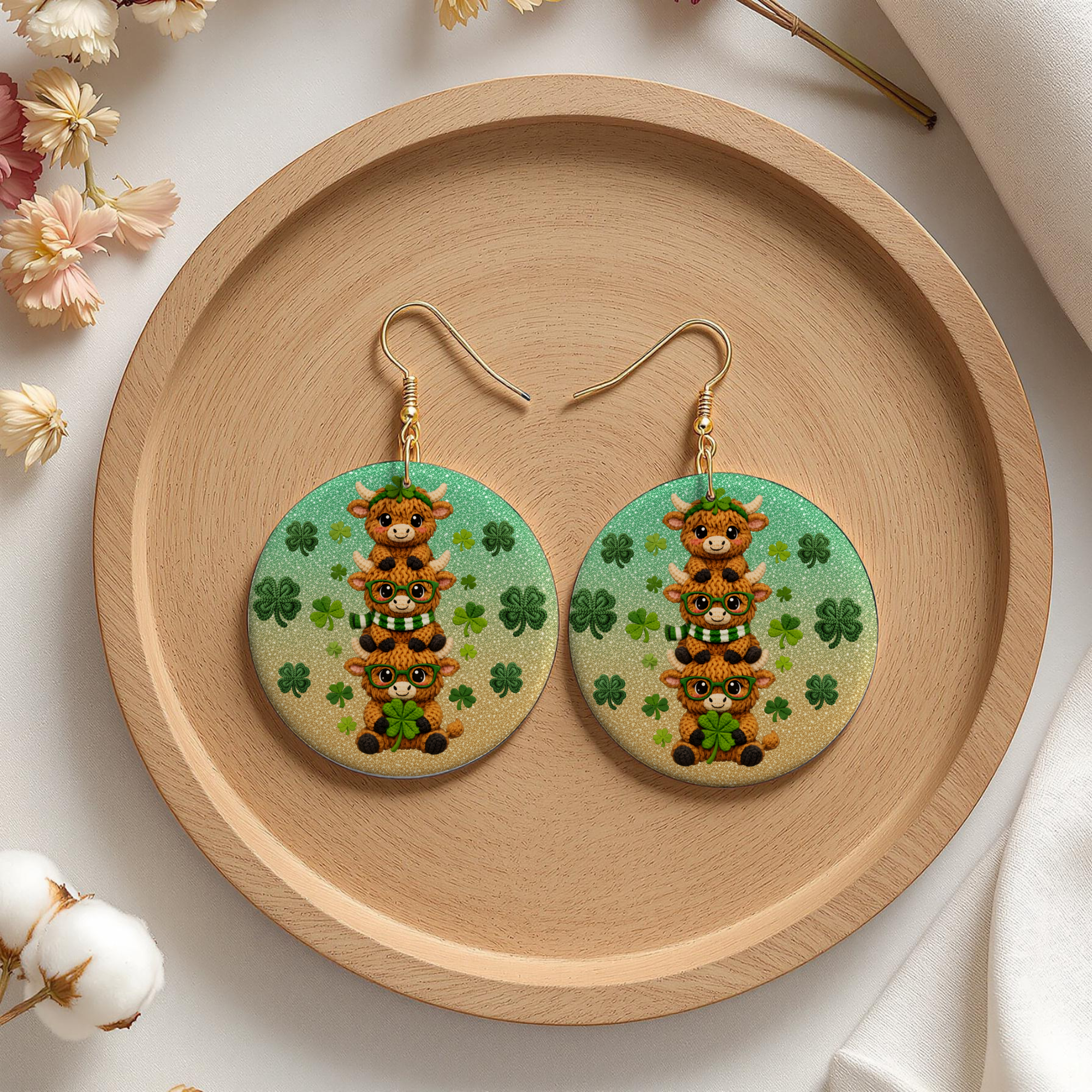 Stacked Highland Cow St. Patrick’s Day Earrings