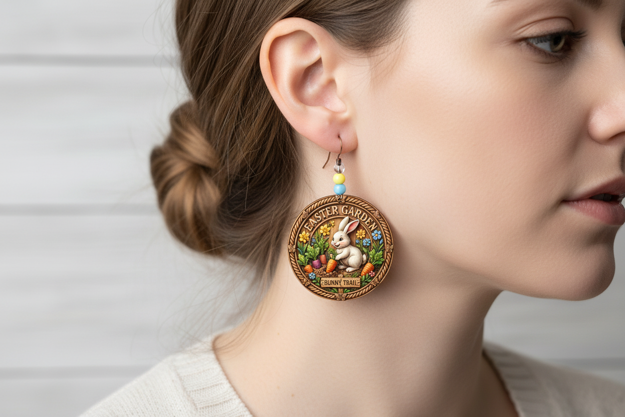 Easter Garden Bunny Trail Earrings on person with beads